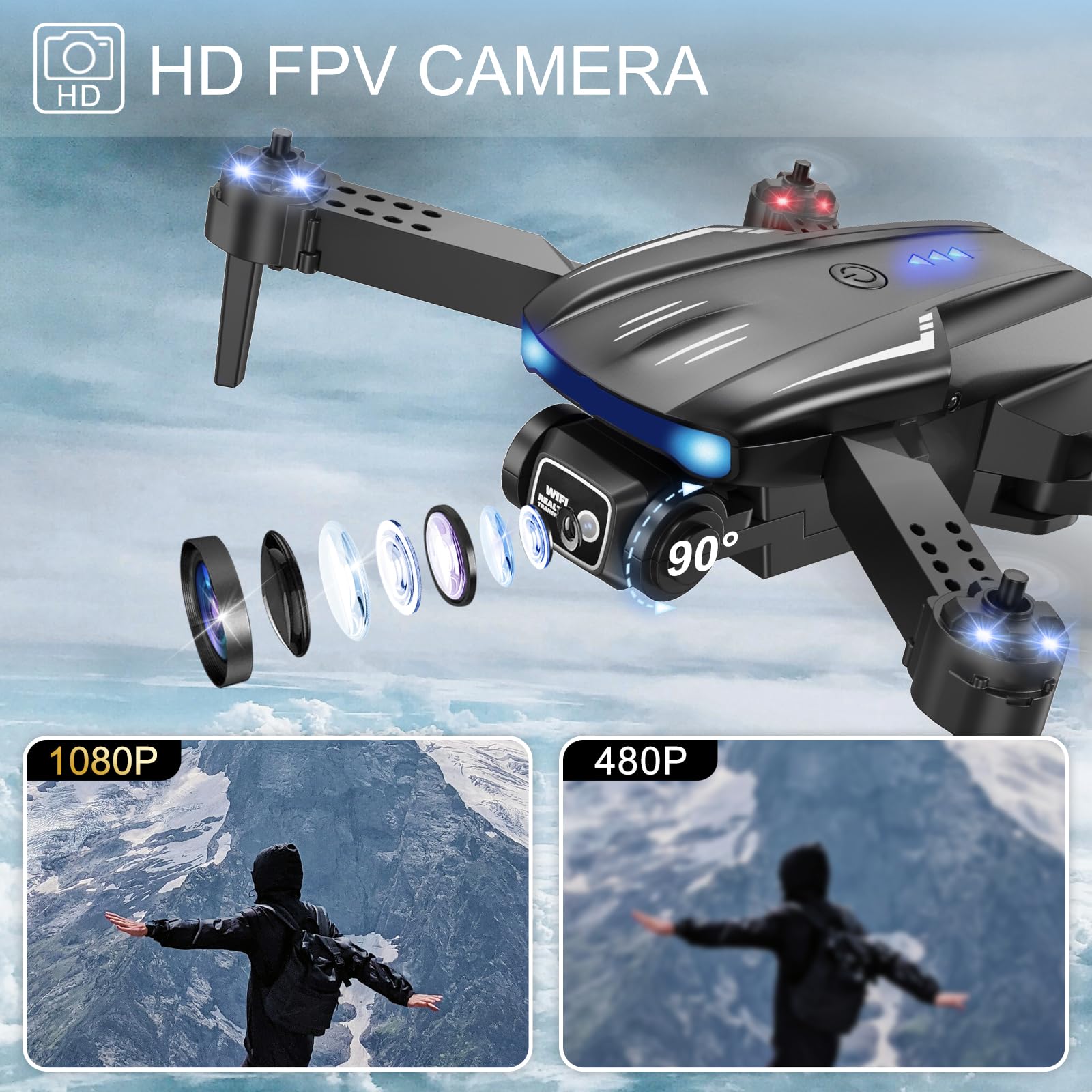 X-shop Drone with Camera 1080P HD, FPV Mini Drones for Kids Adults with 2 Batteries, Toys Gifts for Kids Beginners with One Key Take Off/Landing, Altitude Hold, 90°Adjustable Lens, 360 Flips