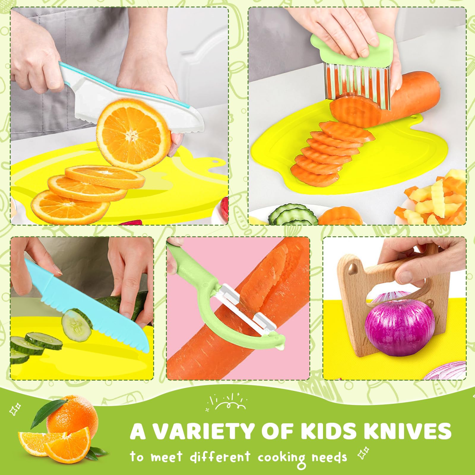TinyHalo 11 Pcs Wooden Kids Kitchen Knife, Kids Knife Set with Cutting Board Fruit Vegetable Crinkle Cutters Serrated Edges Plastic Toddler Knifes for Real Cooking Kid Safe Knives…