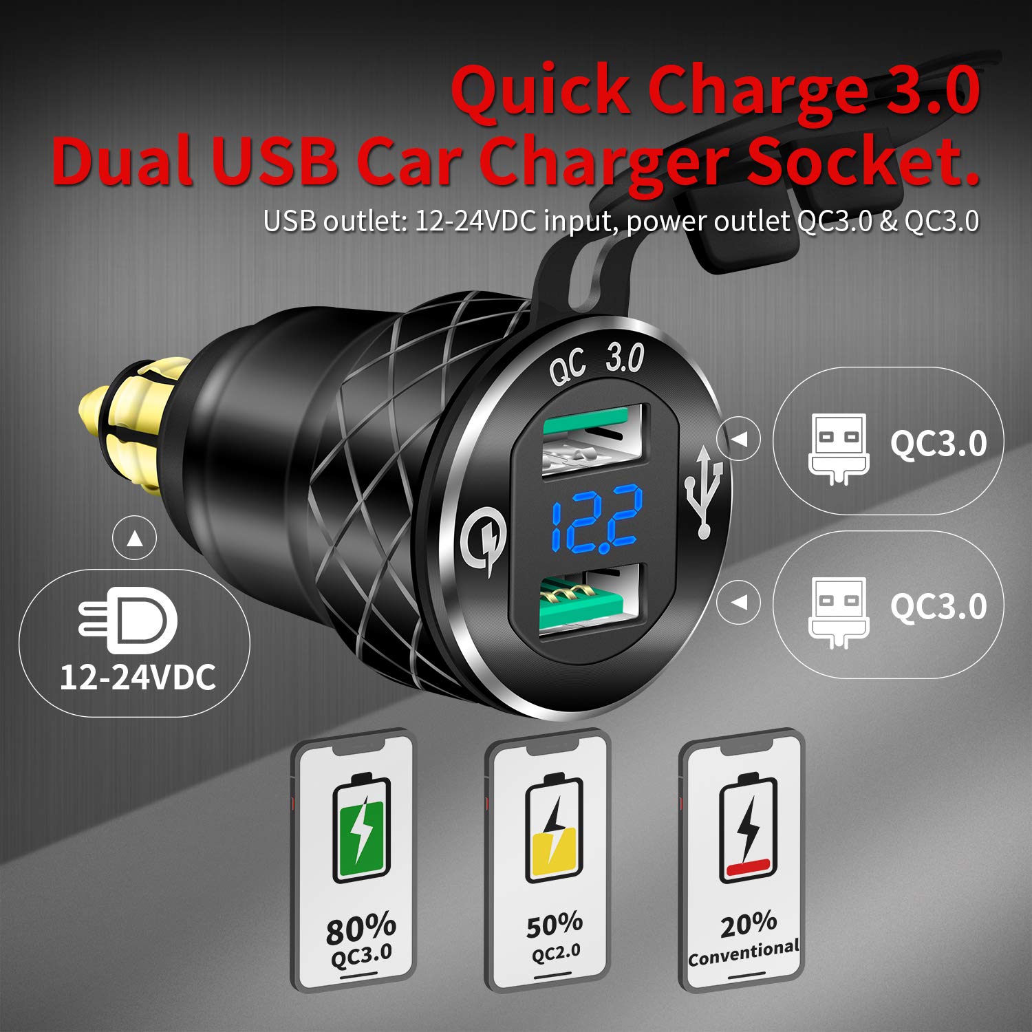 DaierTek DIN Hella Plug to Dual USB Charger Adapter for BMW Triumph Tiger Ducati Motorcycle Quick Charge QC 3.0 Powerlet Waterproof with Blue LED Voltmeter