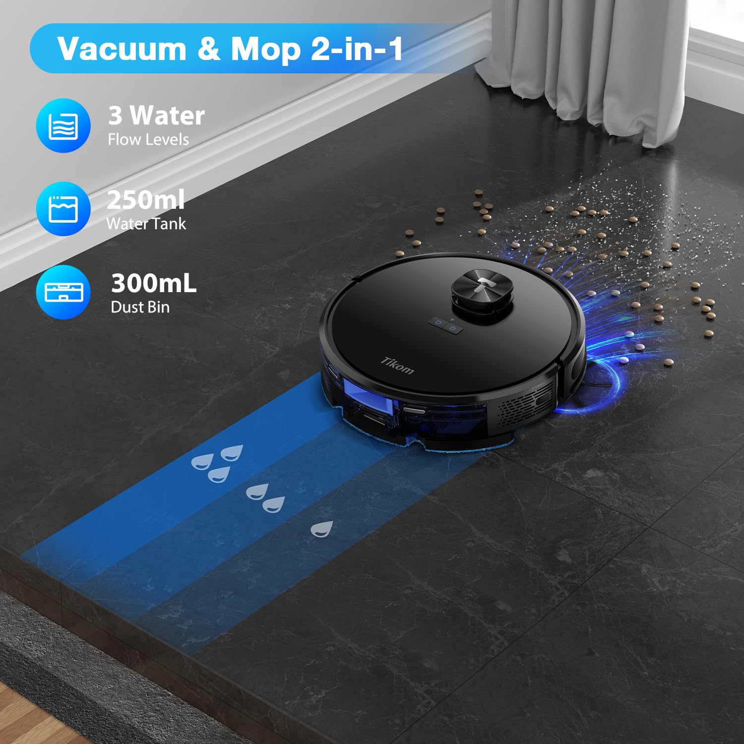Tikom Robot Vacuum and Mop Combo with LiDAR Navigation, L9000 Robotic Vacuum Cleaner with 4000Pa Suction,150Min Max, 14 No-Go Zones, Smart Mapping, Good for Pet Hair, Carpet, Hard Floor