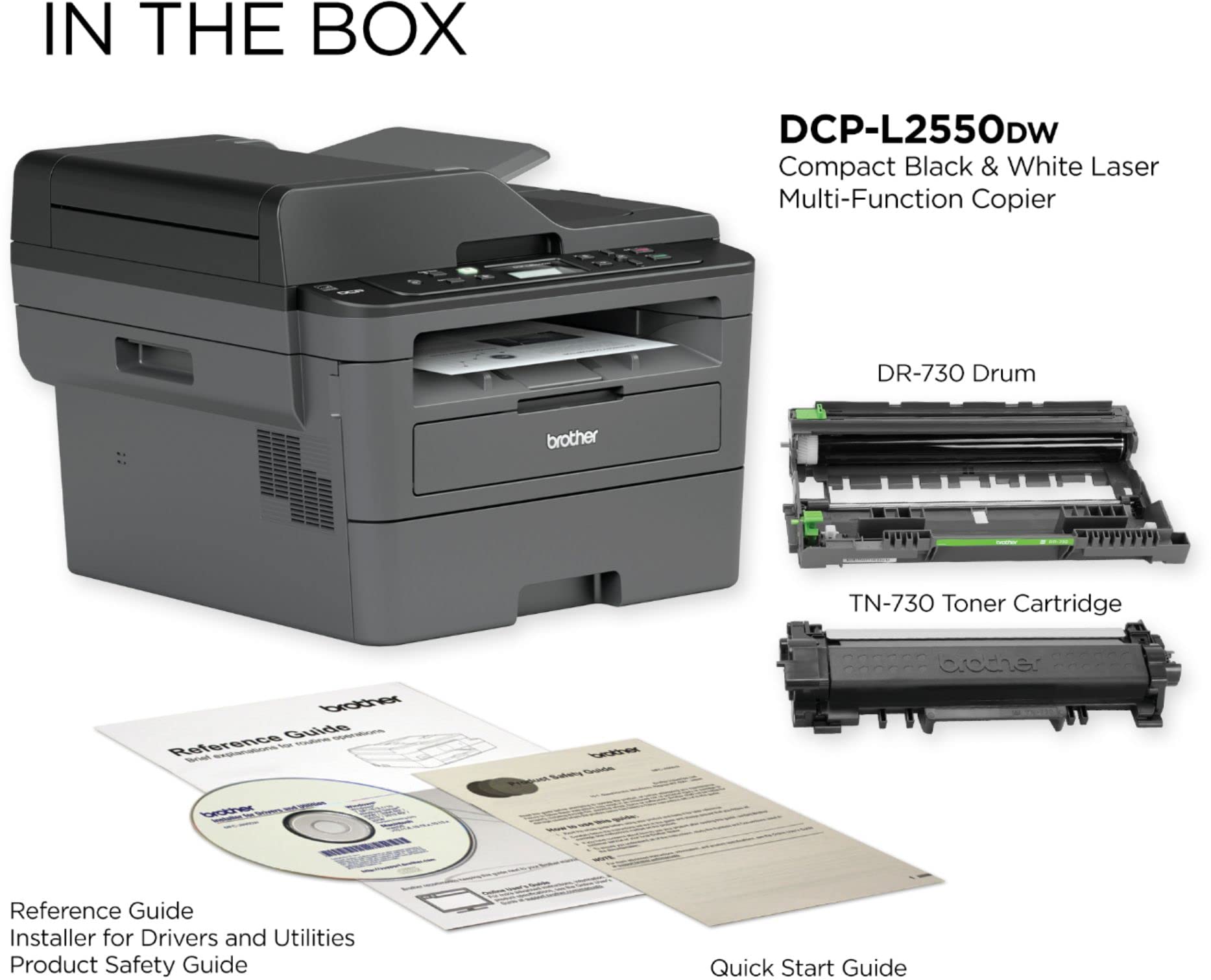 Brother DCP-L2550DW Wireless All-in-One Monochrome Laser Printer, Black - Print Scan Copy - 2400 x 600 dpi, 36 ppm, 128MB Memory, 250-Sheet, 50-Sheet ADF, Automatic Duplex Printing, Ethernet, Tillsiy