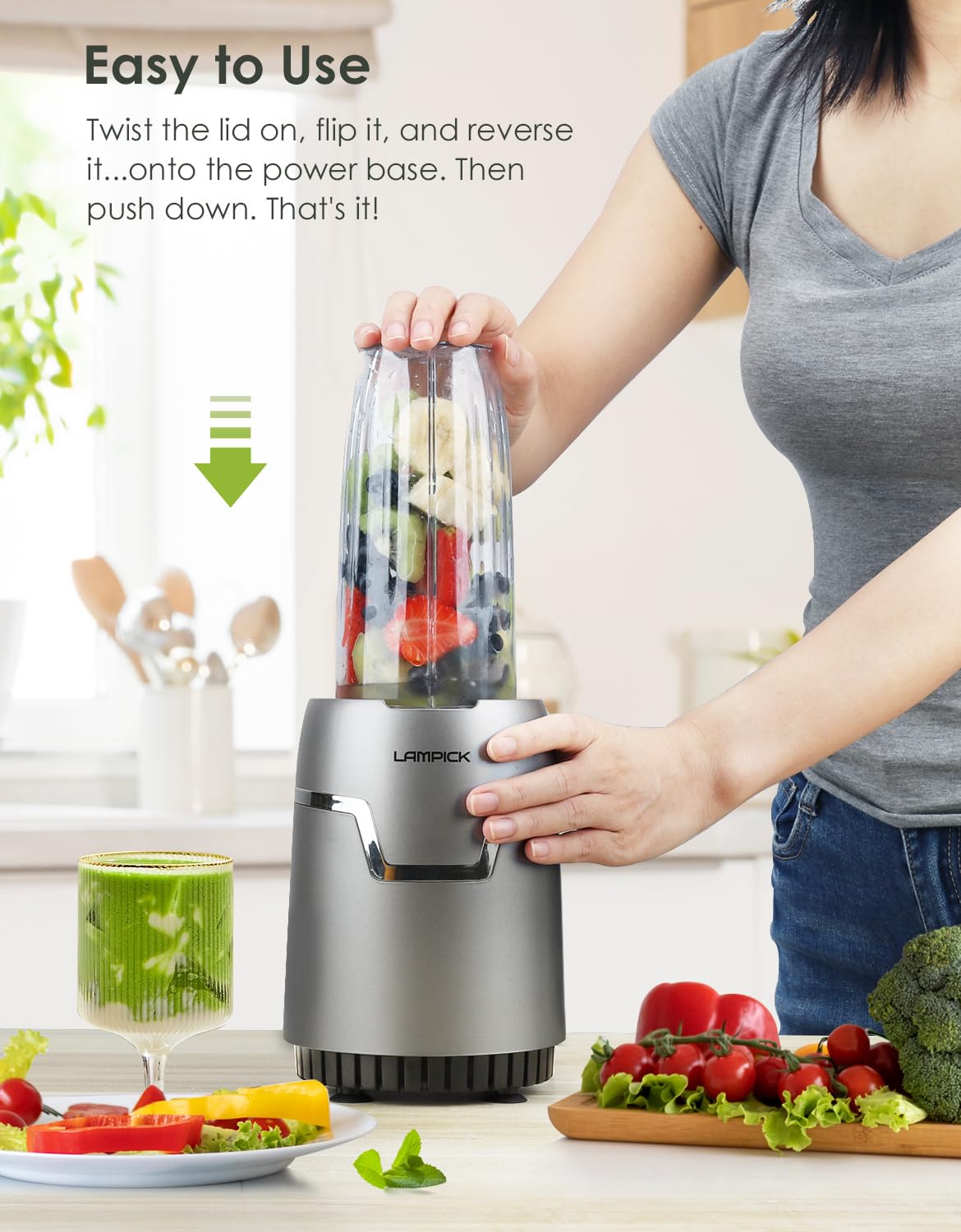 LAMPICK Smoothie Blender 1100-Peak Watts Bundle Travel Makeup Mirror with Lights