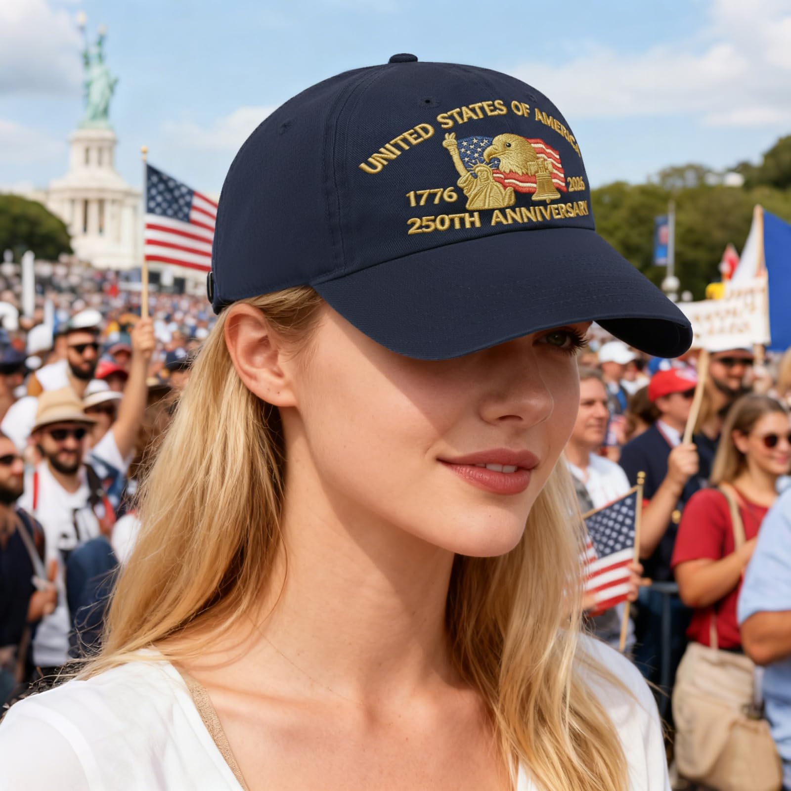 Embroidered United States 250th Anniversary Hat - 250 Years Anniversary USA Trucker Hat for Men Women, Adjustable Patriotic Baseball Cap (A-Navy Blue)
