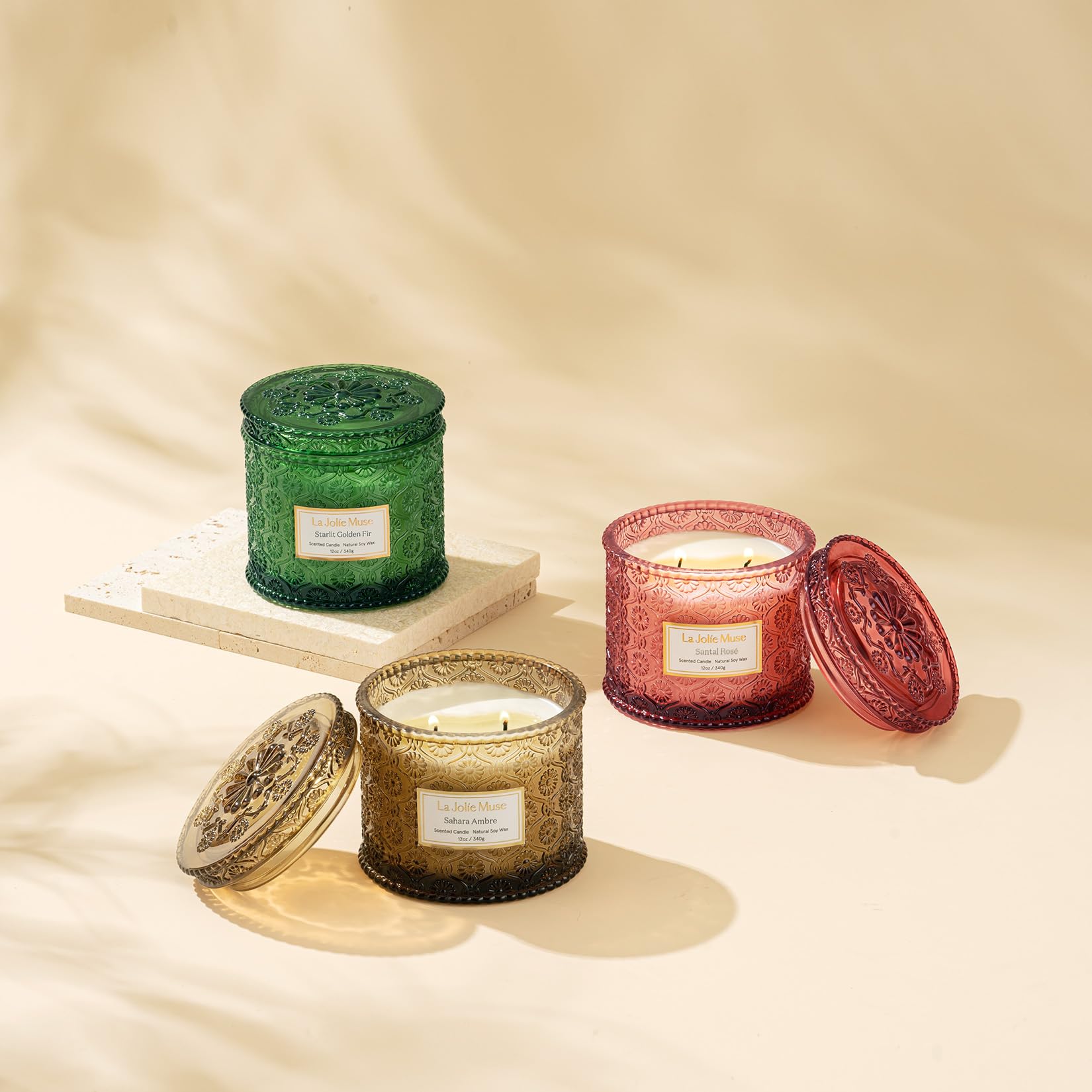 LA JOLIE MUSE Amber Candle, Scented Candles for Home, Large 2-Wick Soy Candles, Candle Gifts for Women & Men, Luxury Jar Candles, 60 Hours Long Burning, Sahara Ambre, 12oz