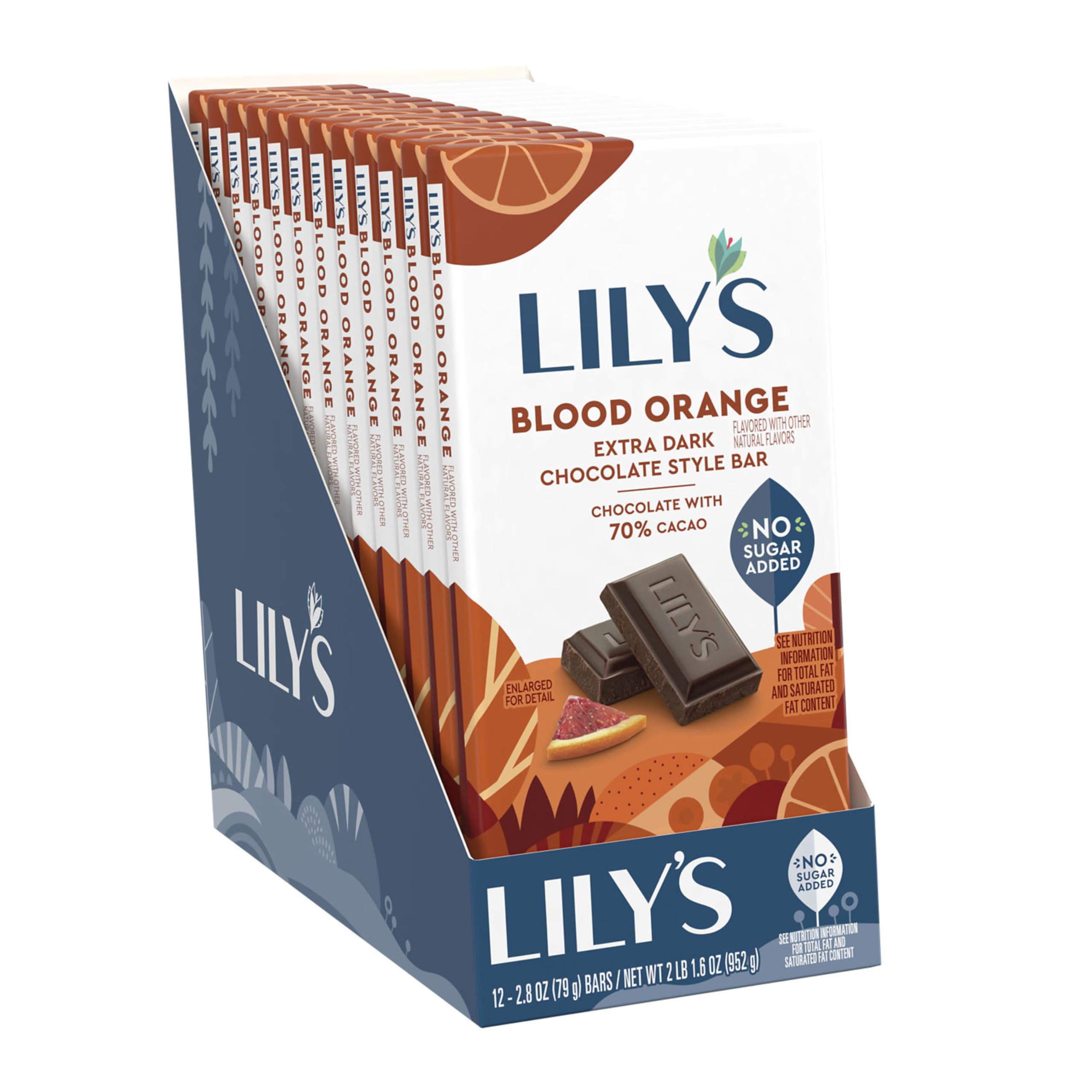LILY'S Blood Orange Extra Dark Chocolate Style No Sugar Added, Sweets Bars, 2.8 oz (12 Count)