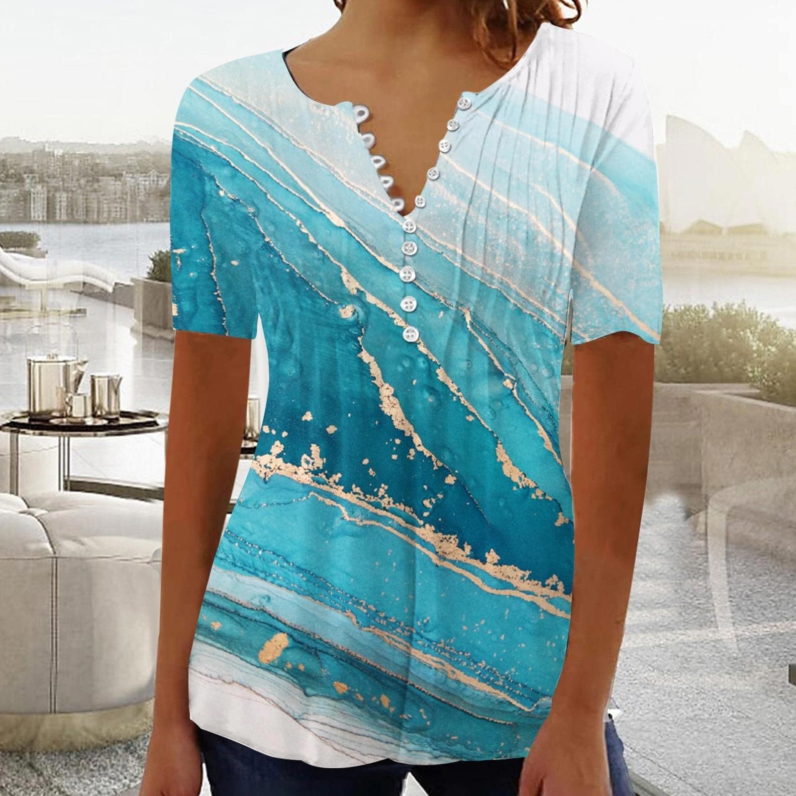 Summer Tops for Women 2025 Trendy Boho Floral Print Tunic Shirts Short Sleeve Button v Neck Tshirt Casual Loose Blouse 5-Blue Medium