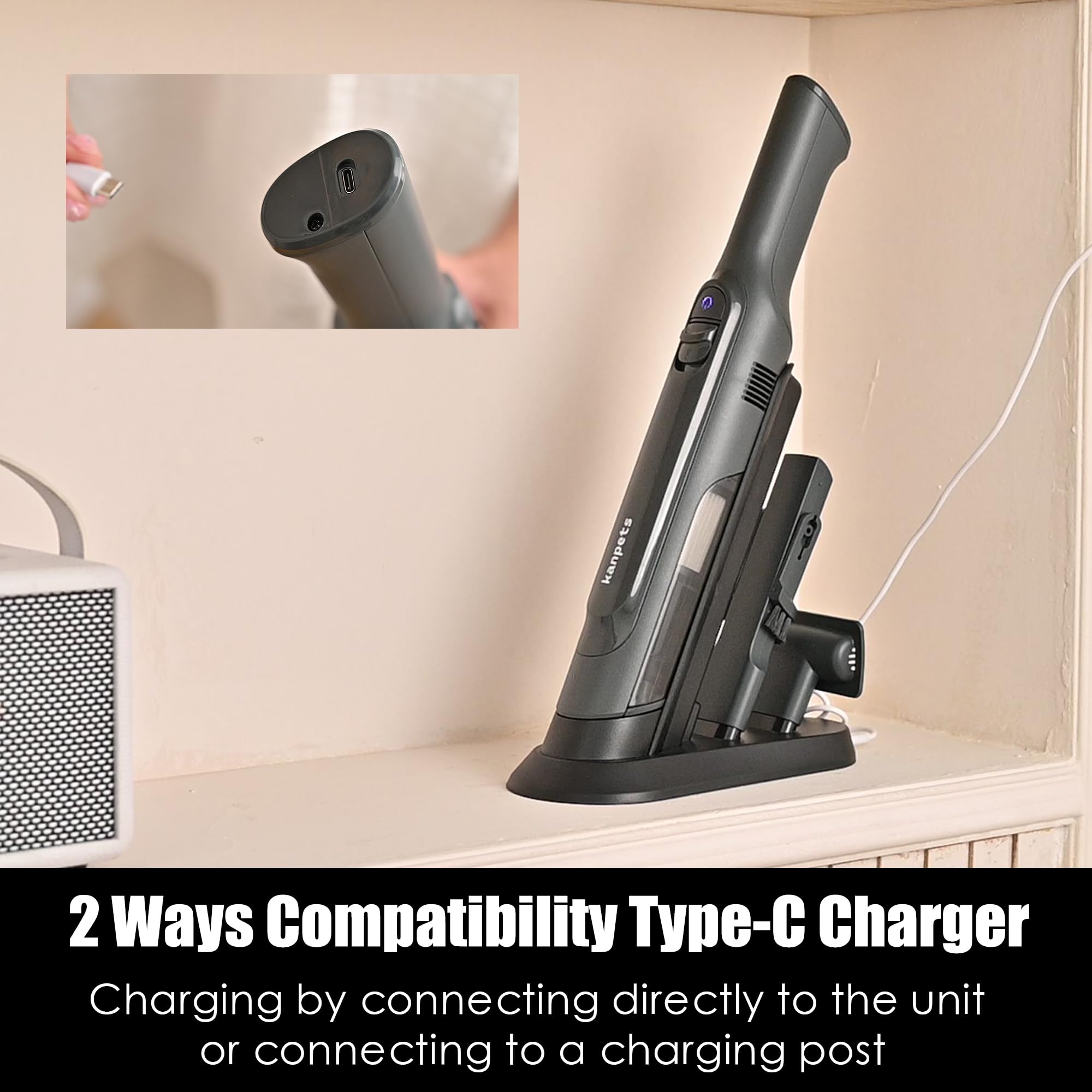 KANPETS Handheld Vacuum Cordless, Lightweight 1.4lb with Powerful Suction, Charging Dock, Single Touch Empty and Detachable Dust Cup, Portable Mini Car Vac for Home Pet Car, Steel Gray