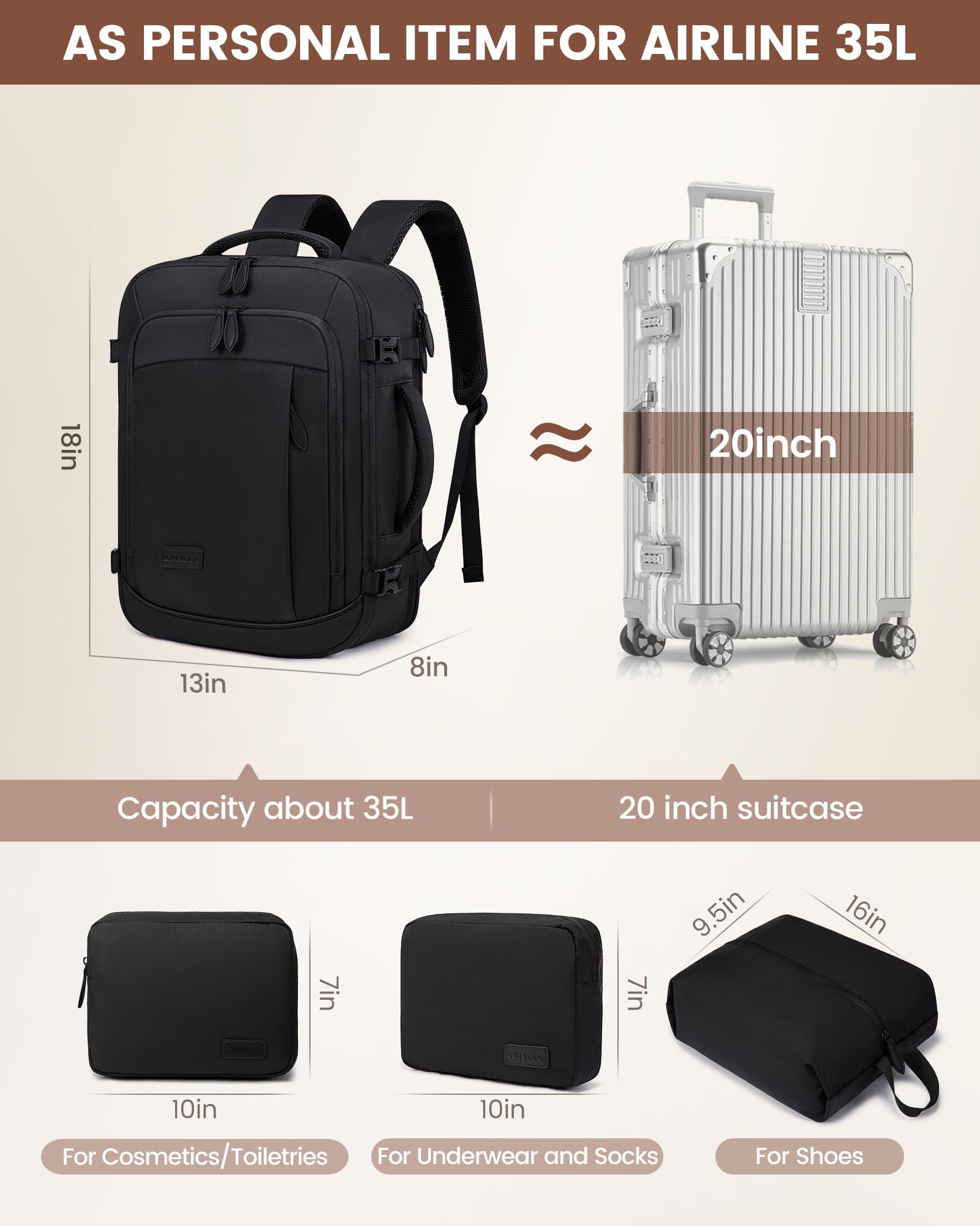 LOVEVOOK Travel Backpack for Men Women, 35L Large Carry On Bag Fits 15.6" Laptop, Flight Approved Personal Item, Waterproof Luggage for Daily Use Weekender Trip Work Business Uni, Black