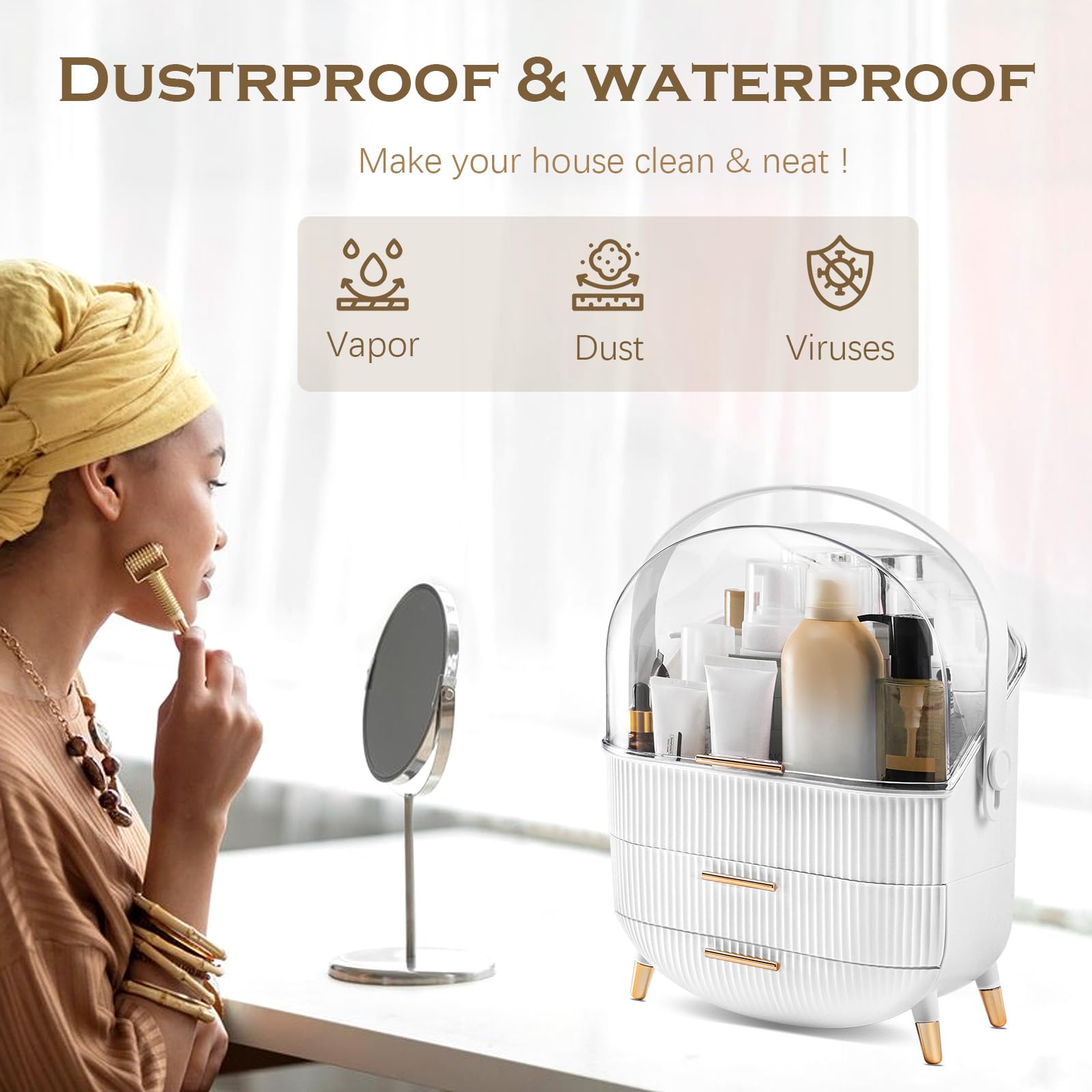 lurcns Makeup Organizers and Storage, Make up Organizer for Vanity Cosmetics Skincare Organizers With Lid and Drawers Display Cases for Countertop(White)