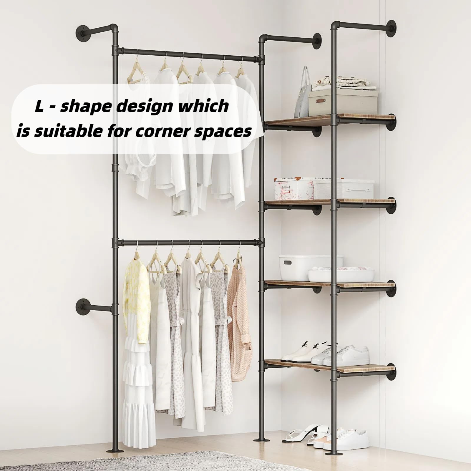 Woskar Industrial Pipe Clothing Rack, Hanging Rods Clothes Rack with Shelves, Clothes Rack for Wardrobe, Corner Closet System for Walk in Closets (Black, II-4Tier)