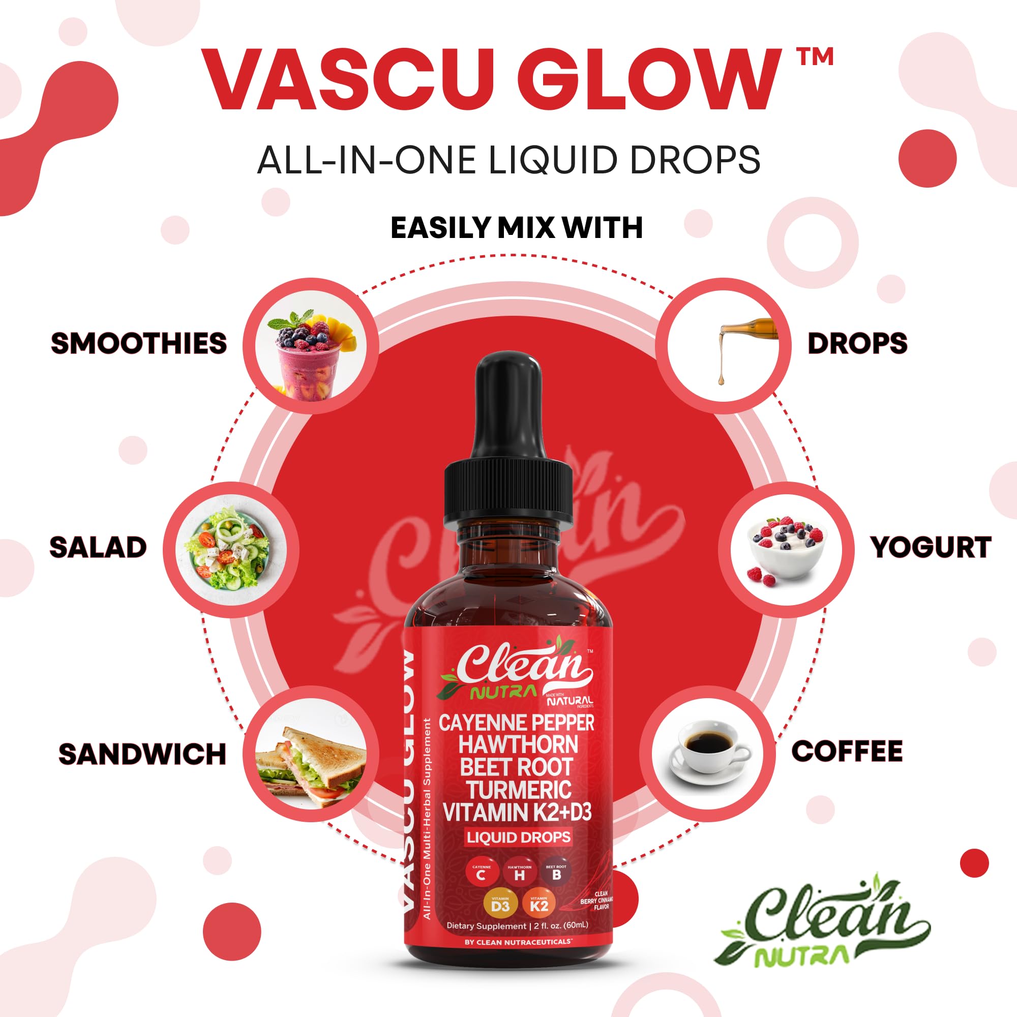Clean Nutra Cayenne Pepper Drops Supplement Liquid + Hawthorn Berry, Vitamin D3 K2 Beet Root Powder, Ceylon Cinnamon, Turmeric Curcumin, Organic Panax Ginseng, Berberine Extract 1 Pack