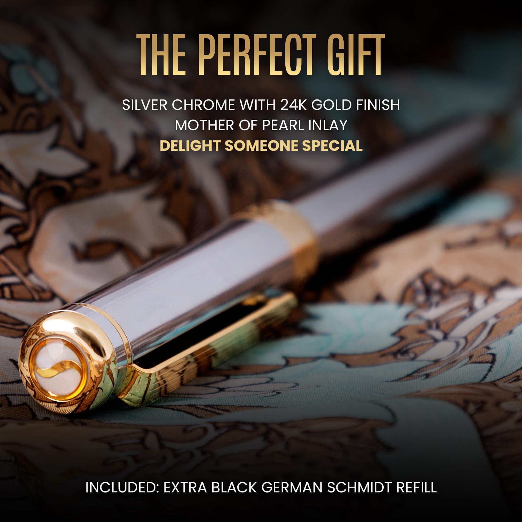 Scriveiner Silver Chrome Rollerball Pen - Stunning Luxury Pen with 24K Gold Finish, Schmidt Ink Refill, Best Roller Ball Pen Gift Set for Men & Women, Professional, Executive Office, Nice, Fancy Pens