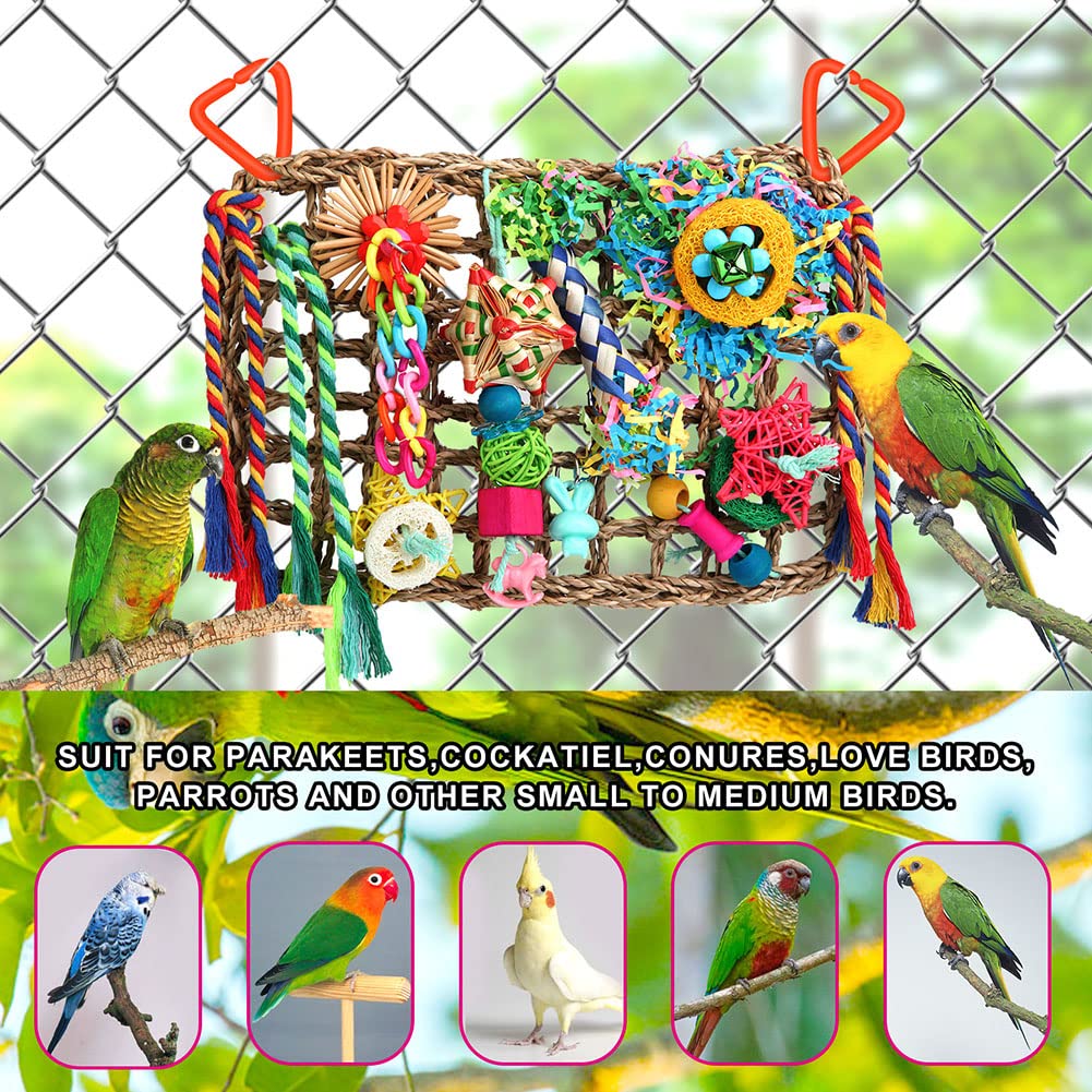 Bird Toys Bird Foraging Toys for Parakeets Cockatiel Conures Lovebirds Bird Foraging Shredding Seagrass Wall with Various Toys for Birds