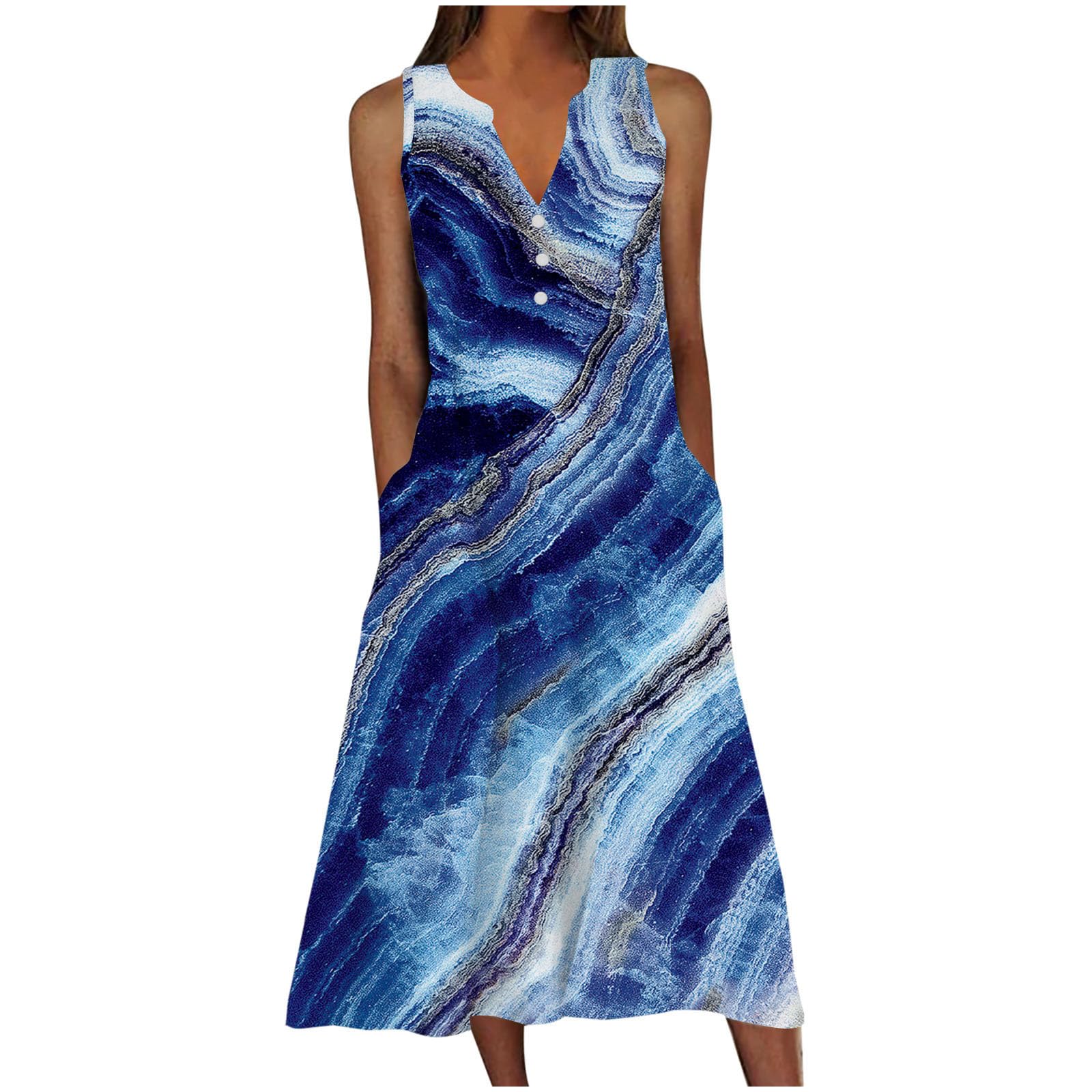 Lighten Deals of The Day Womens Summer Design Casual Dress Fashion Floral Printed Elegant Dress Sleeveless V-Neck Long Dress with Pockets Dress for Women Blue 2X