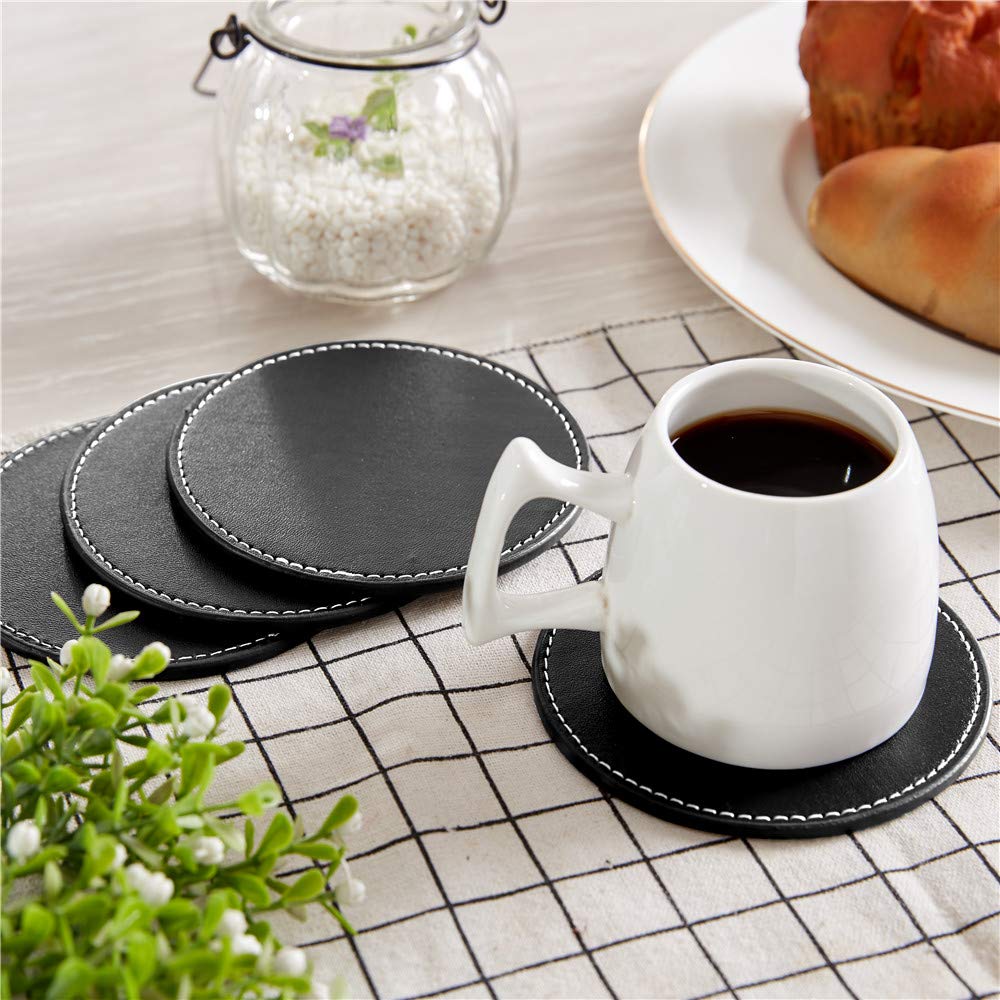 Coasters for Drinks, Thipoten Leather Coasters with Holder, Protect Furniture from Damage(6PCS, Black)