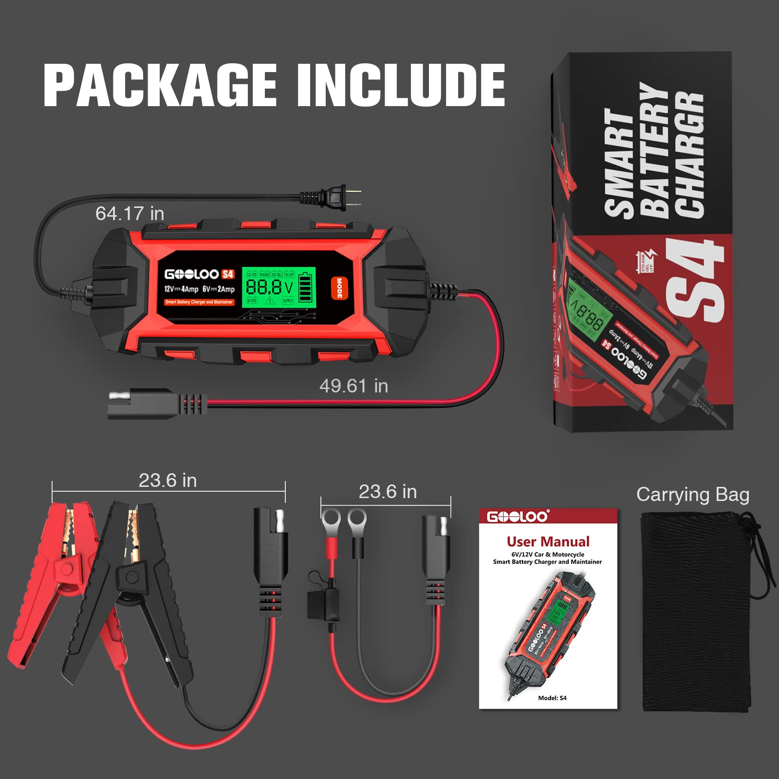 GOOLOO S4 4 Amp Car Battery Charger Automotive, 6V/2A 12V/4A Smart Trickle Charger Maintainer with Supply Mode, Automatic Motorcycle Battery Charger for Truck Lawn Mower RV Boat Lead-Acid Battery