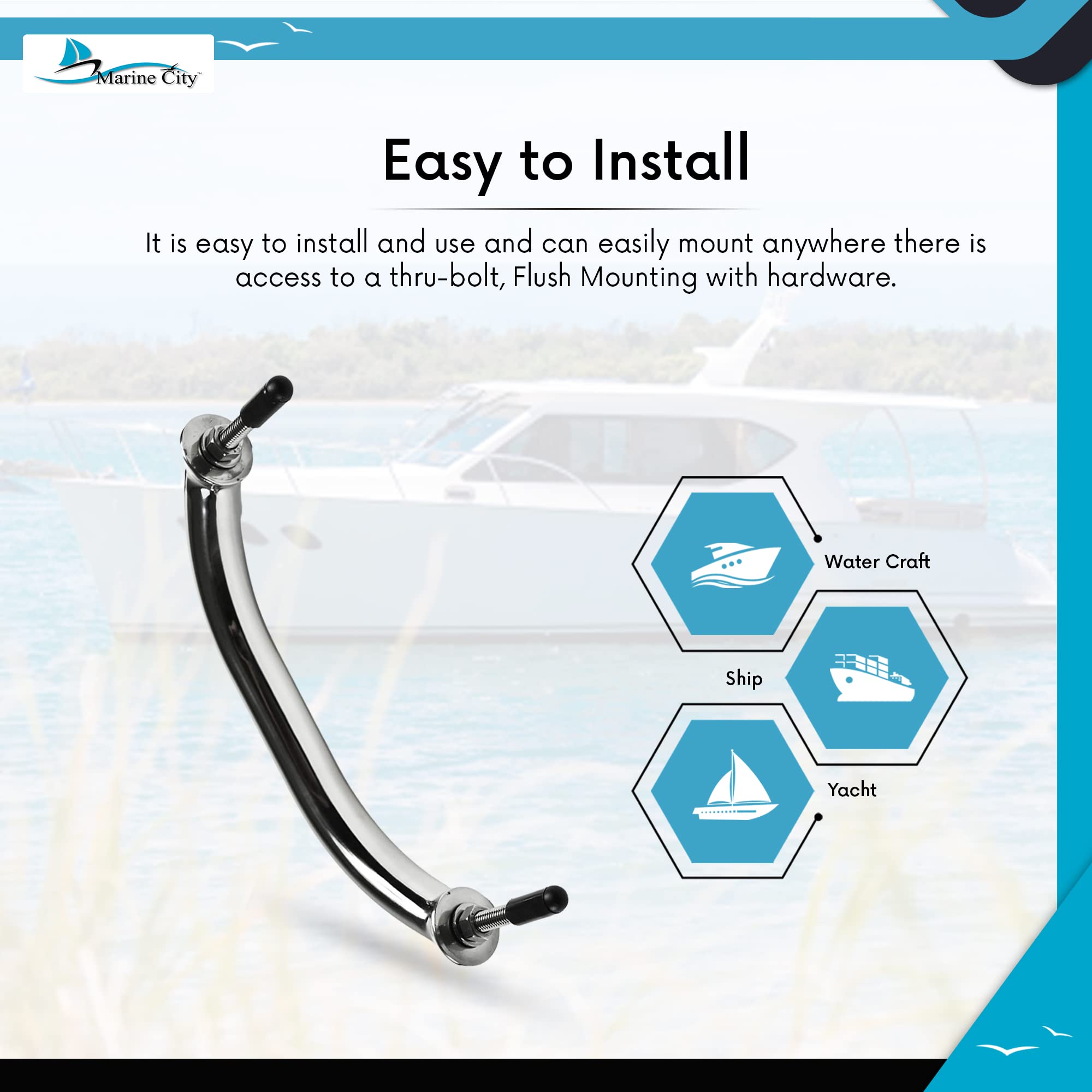 MARINE CITY Stainless Steel Oval Marine Grab Handle/Handrail with Flange and Studs for Boats – Ships – Yachts – Kayaks (8 Inches)