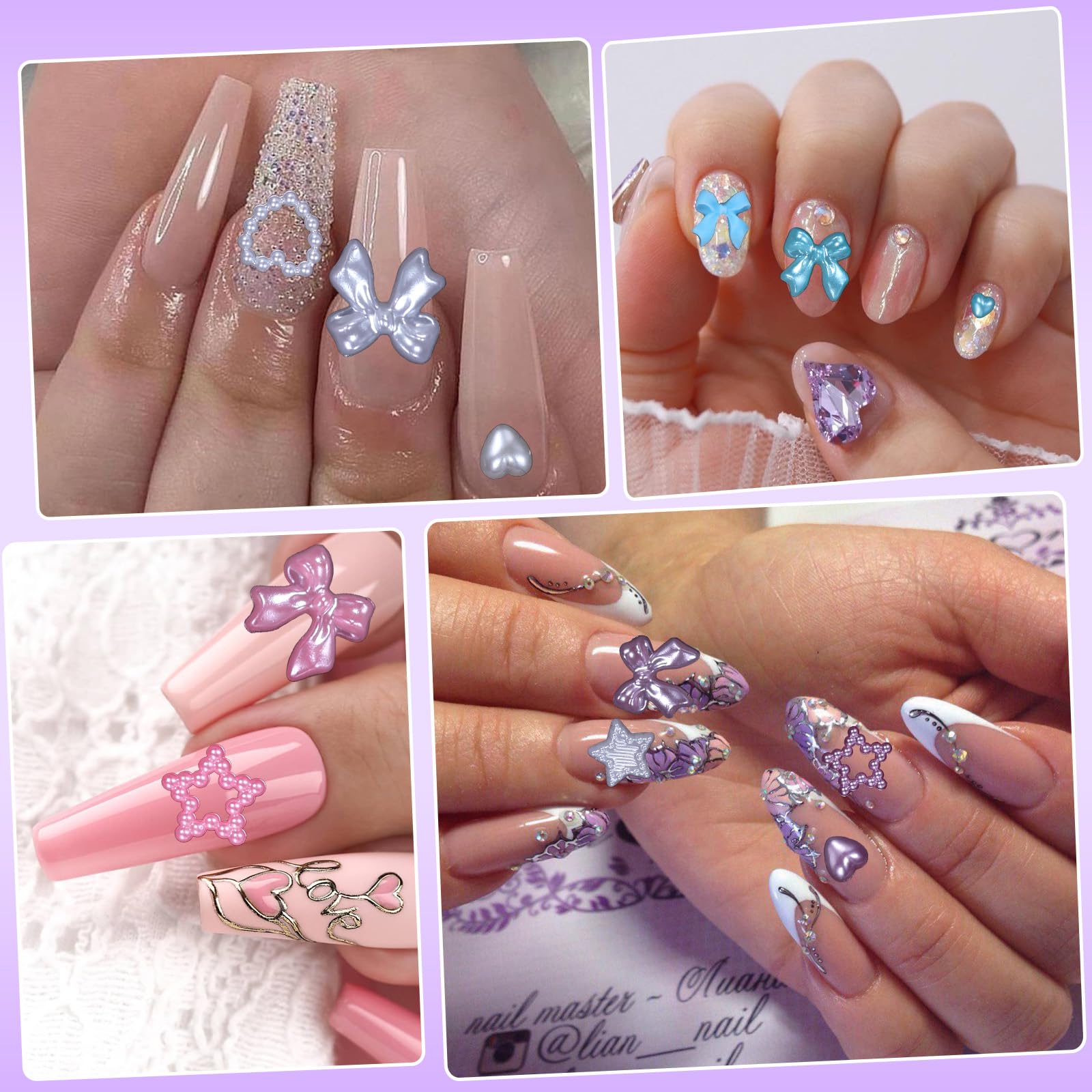 Bows Nail Charms and Flatback Nail Charms, Multi Colors Bows Nail Art Charms+Heart Star Nail Charms, Colorful Acrylic Nail Charms Pearls Nail Jewelry Charms for Nails Art DIY Crafts Accessories