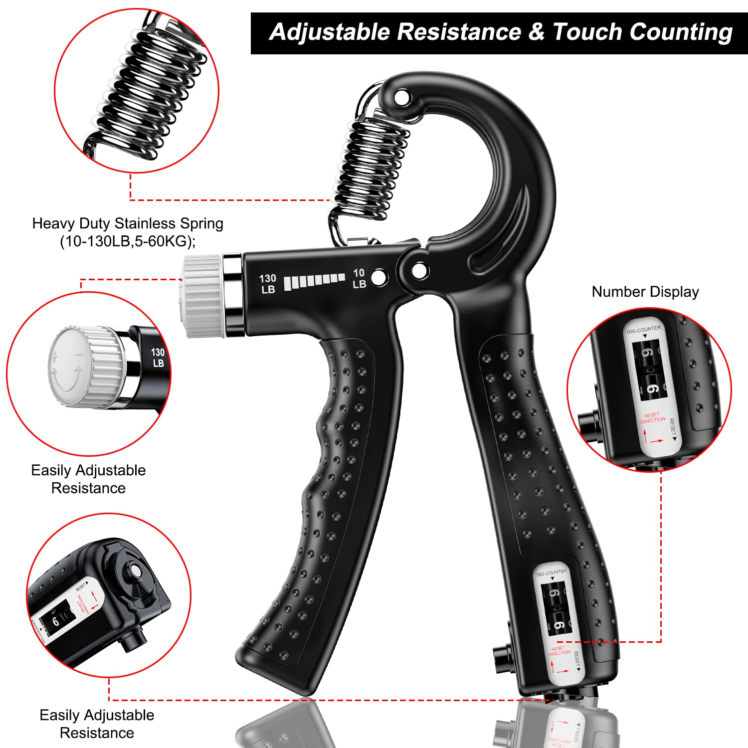 KDG Hand Grip Strengthener 2 Pack(Black) Adjustable Resistance 10-130 lbs Forearm Exerciser,Grip Strength Trainer for Muscle Building and Injury Recovery for Athletes