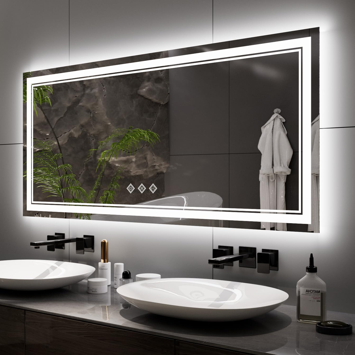VanPokins Ligthed Bathroom Mirror, 60x28 Inch Gradient Front and Backlit LED Bathroom Mirror, 3 Colors Dimmable CRI>90 Double Lights, IP54 Enhanced Anti-Fog, Hanging Plates Wall Mount LED Mirror