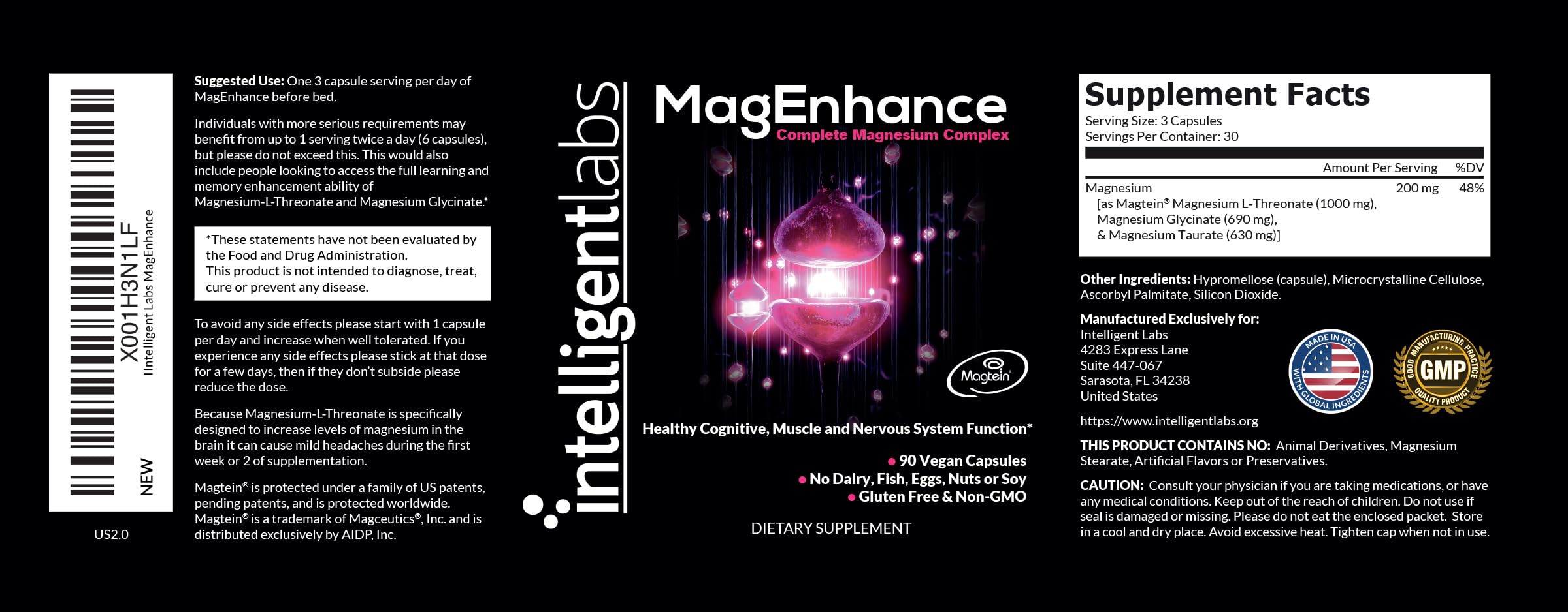 Intelligent Labs MagEnhance Magtein Magnesium Complex Supplement L-Threonate with Magnesium Glycinate and Taurate, 90 Capsules