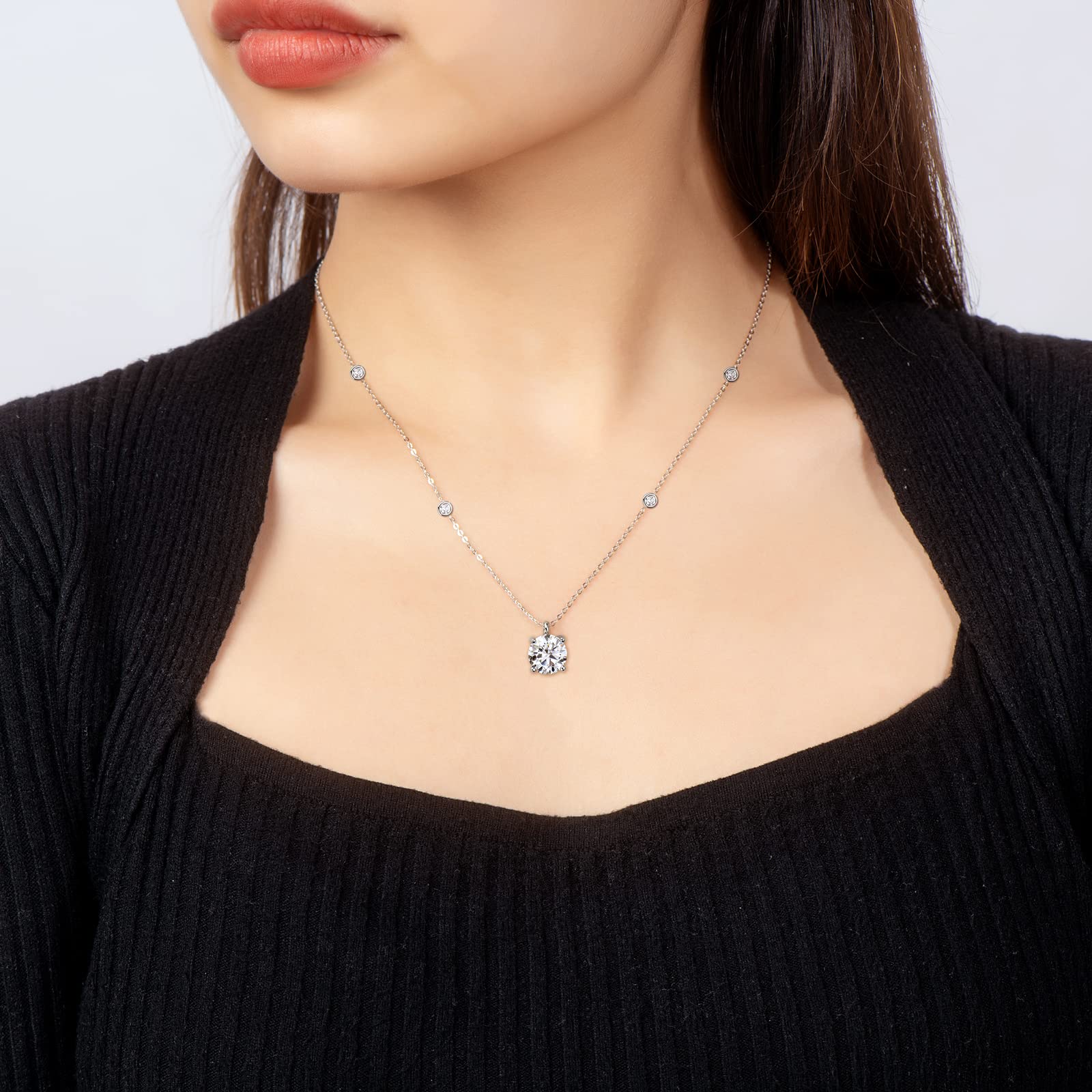 Moissanite Necklace for Women, 2 CT Moissanite Station Pendant 925 Sterling Silver Diamond Necklaces Round D Color VVS1 Clarity White Gold Plated Necklaces Gifts for Her
