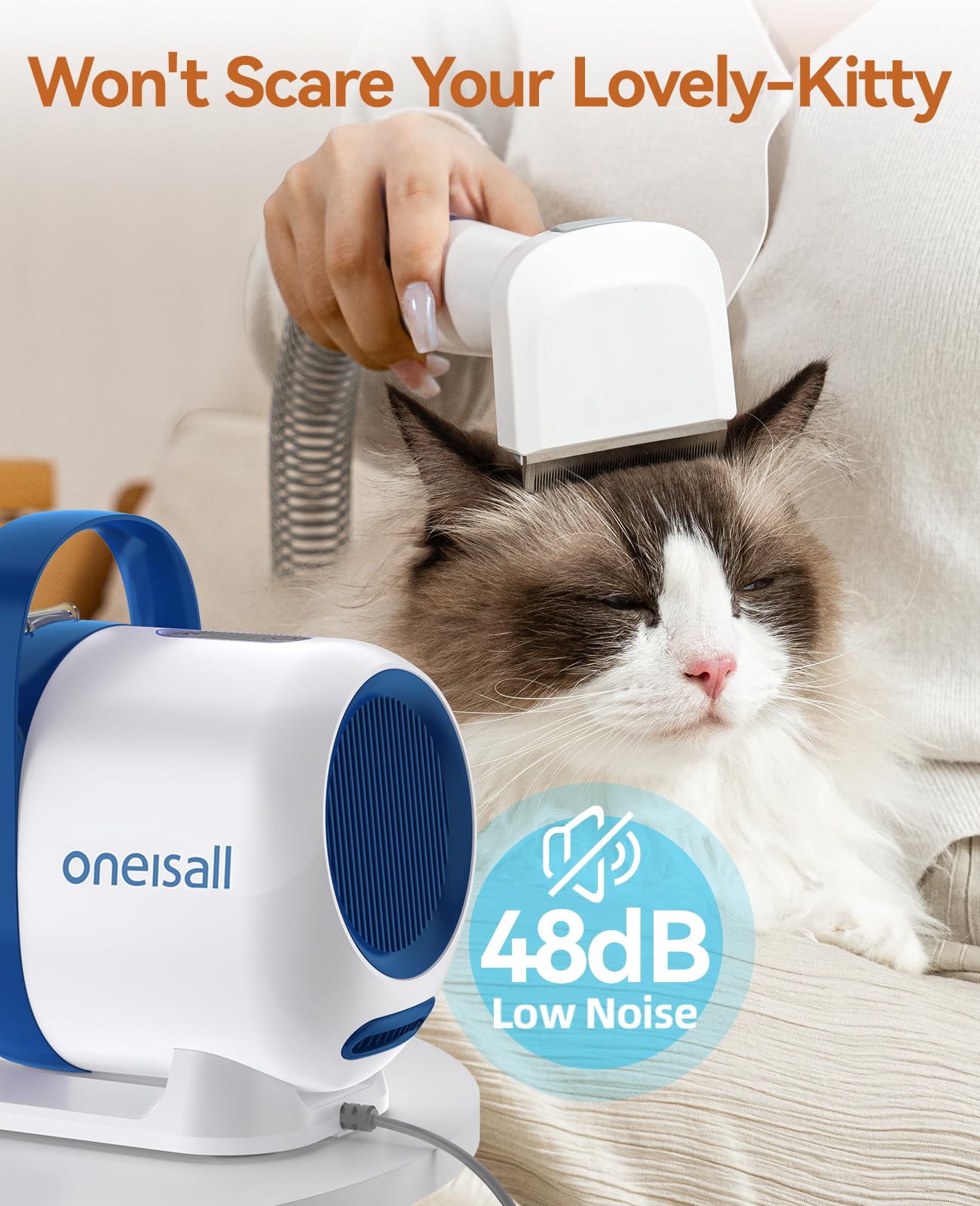 oneisall Cat Grooming Vacuum, Low-Noise Pet Vacuum Grooming Kit with Brush & Clippers for Hair Shedding Trimming Grooming, 6 in 1 Cat Vacuum Groomer for Pet Hair Grooming