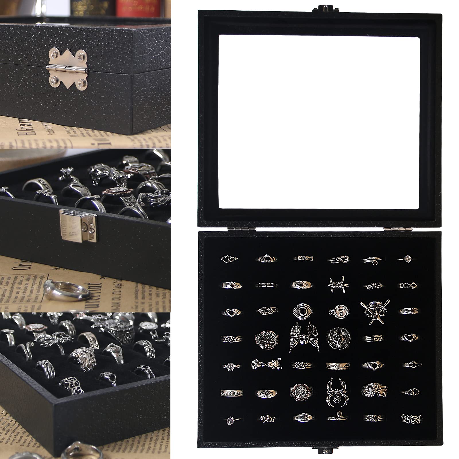 Pangkeep Ring Organizer Display Case,Black Jewelry Storage Tray Boxes for Multiple Rings,Glass Lid,Stackable. (42 Slots)