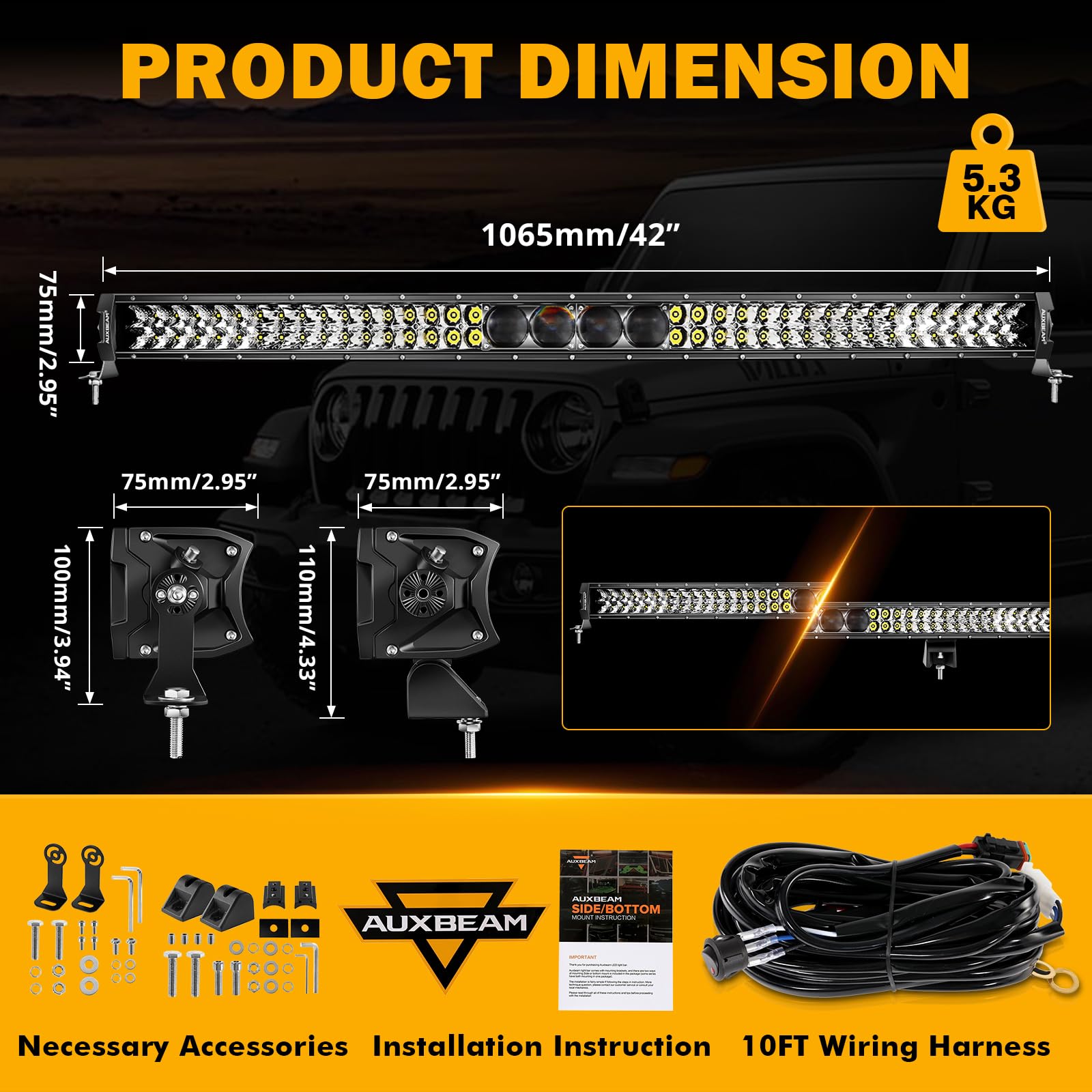 Auxbeam 42 Inch 360W LED Light Bar, 5D Pro Series Dual Row Spot Flood Combo Off Road Lights, 44000LM Driving Off Road Lights with 10FT Wiring Harness Kit for Jeep SUV UTV ATV Pickup Truck