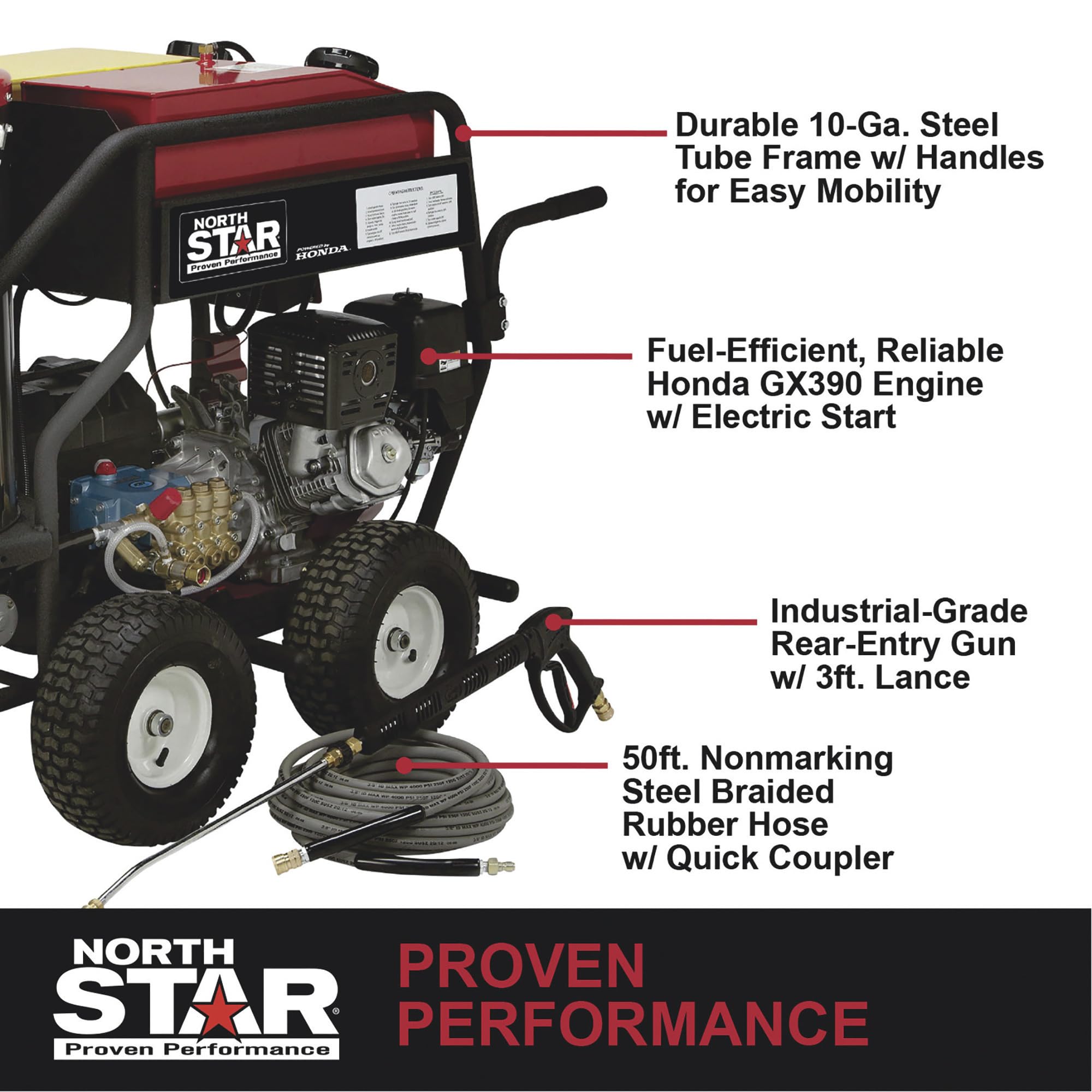 North Star Hot Water & Wet Steam Pressure Washer with Power Nozzles, Lance, Washing Gun, and Hose - Gas Powered, 3000 PSI, 4 GPM, Electric Start Honda Engine