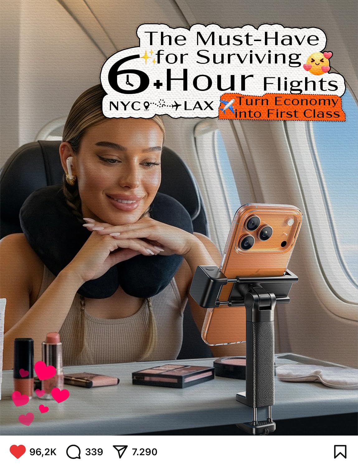 LISEN Best Airplane Tech Gadgets Tech Accessories Airplane Phone Holder (LED Light) Travel Essentials for Flying Gifts for Women Her Long Flight Travel Accessories for Women Men Selfie Photography