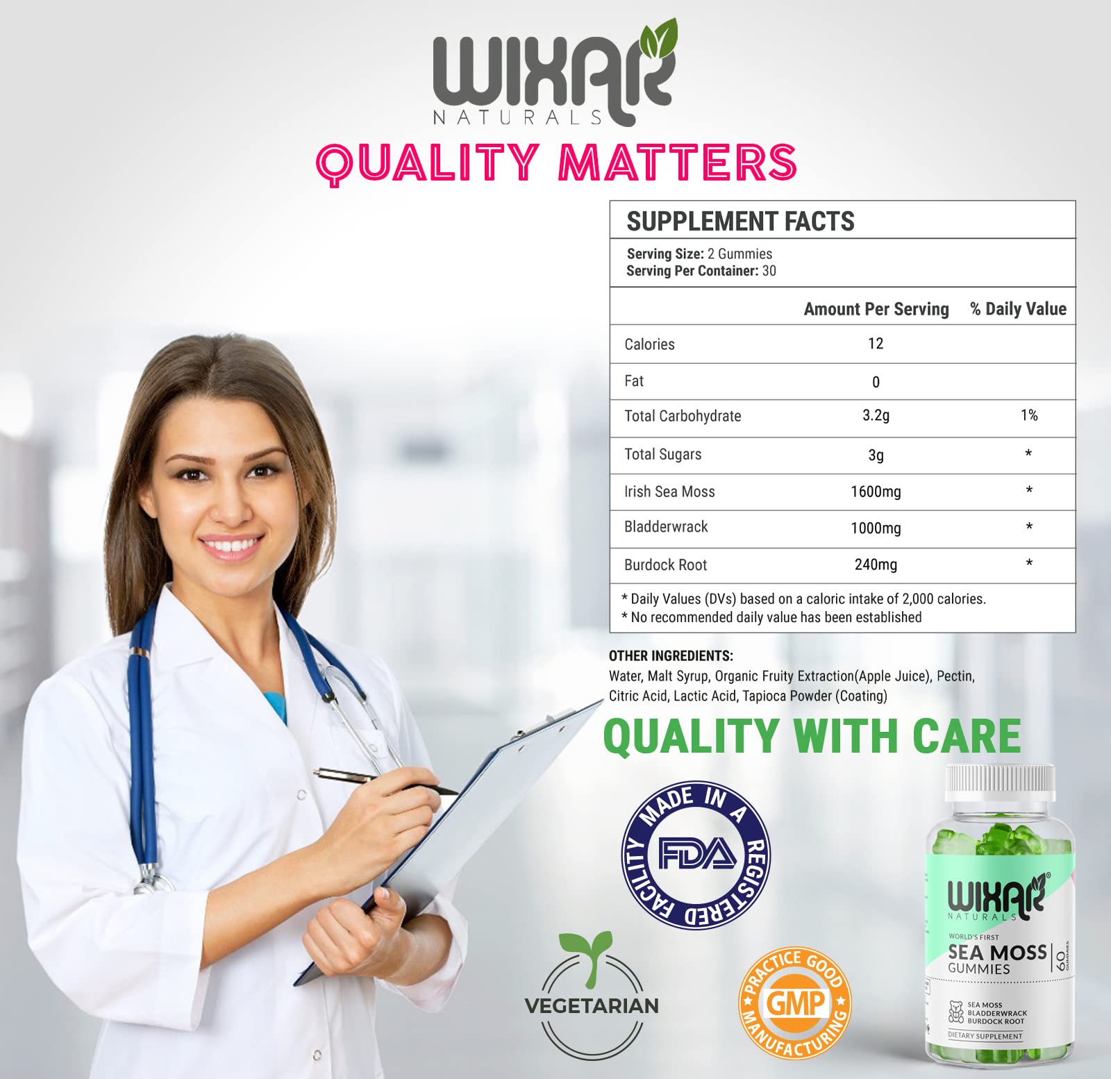 WIXAR NATURALS Sea Moss Gummies - Natural Irish Sea Moss and Bladderwrack with Burdock Gummy - 60 Gummies - Vegan - Healthy Immune, Gut & Overall Wellness Support - Herbal Alkaline Supplements