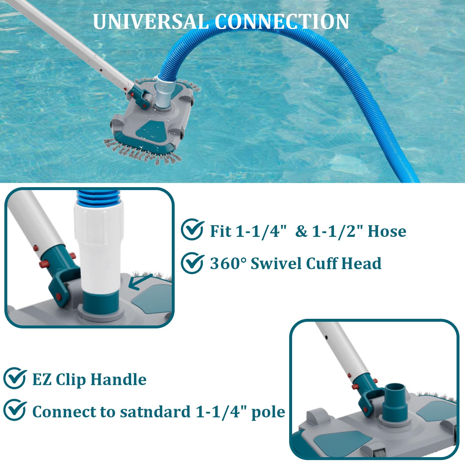 Updated Weighted Rectangle Pool Vacuum Head with Side Nylon Bristles, Swivel Hose Connection - Connect 1-1/4", 1-1/2" Hose for Inground & Above Ground Pools