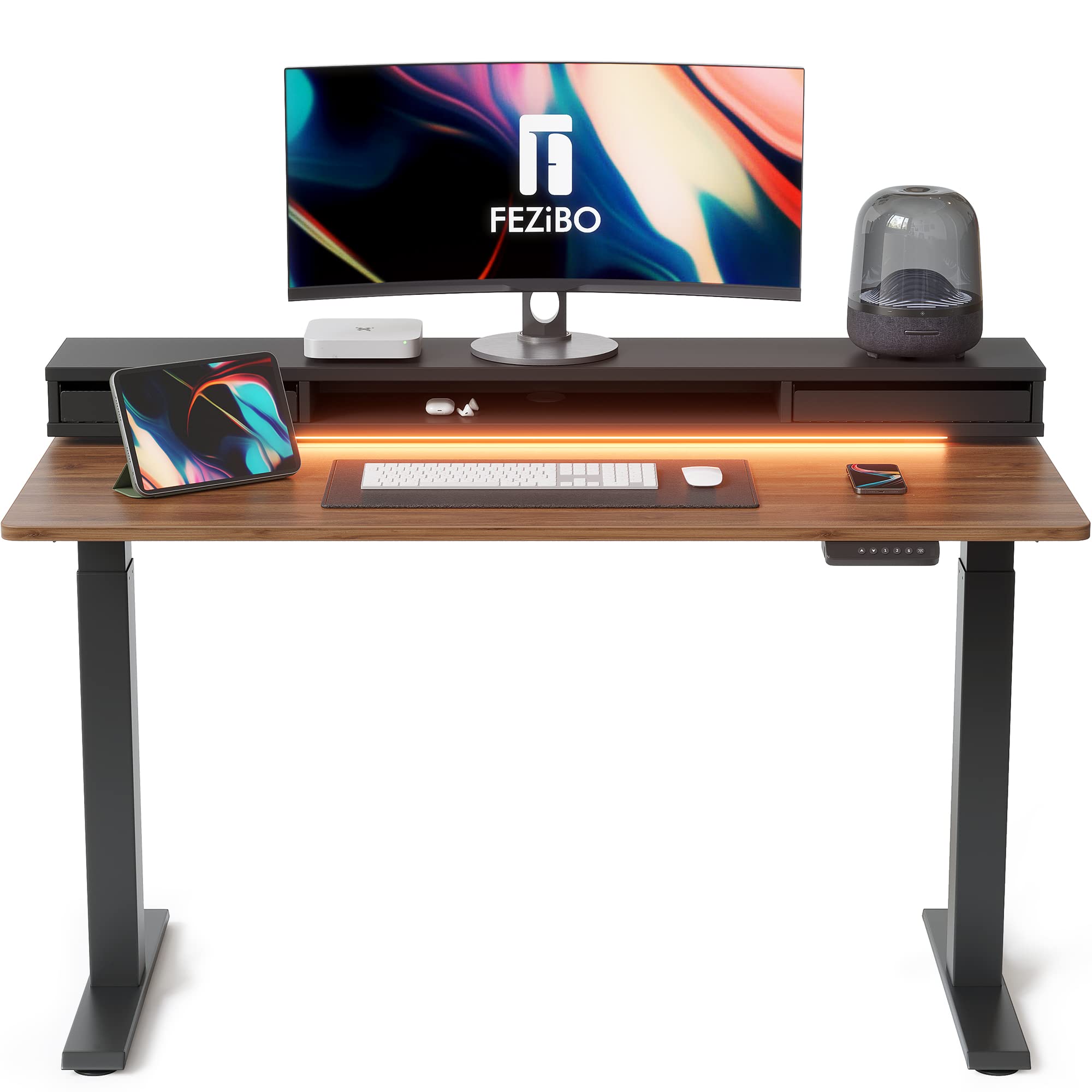FEZIBO 55 x 24 Inch Height Adjustable Electric Standing Desk with Double Drawers, Stand Up Desk with LED Strips, Sit Stand Desk with Monitor Stand, Blcak Walnut