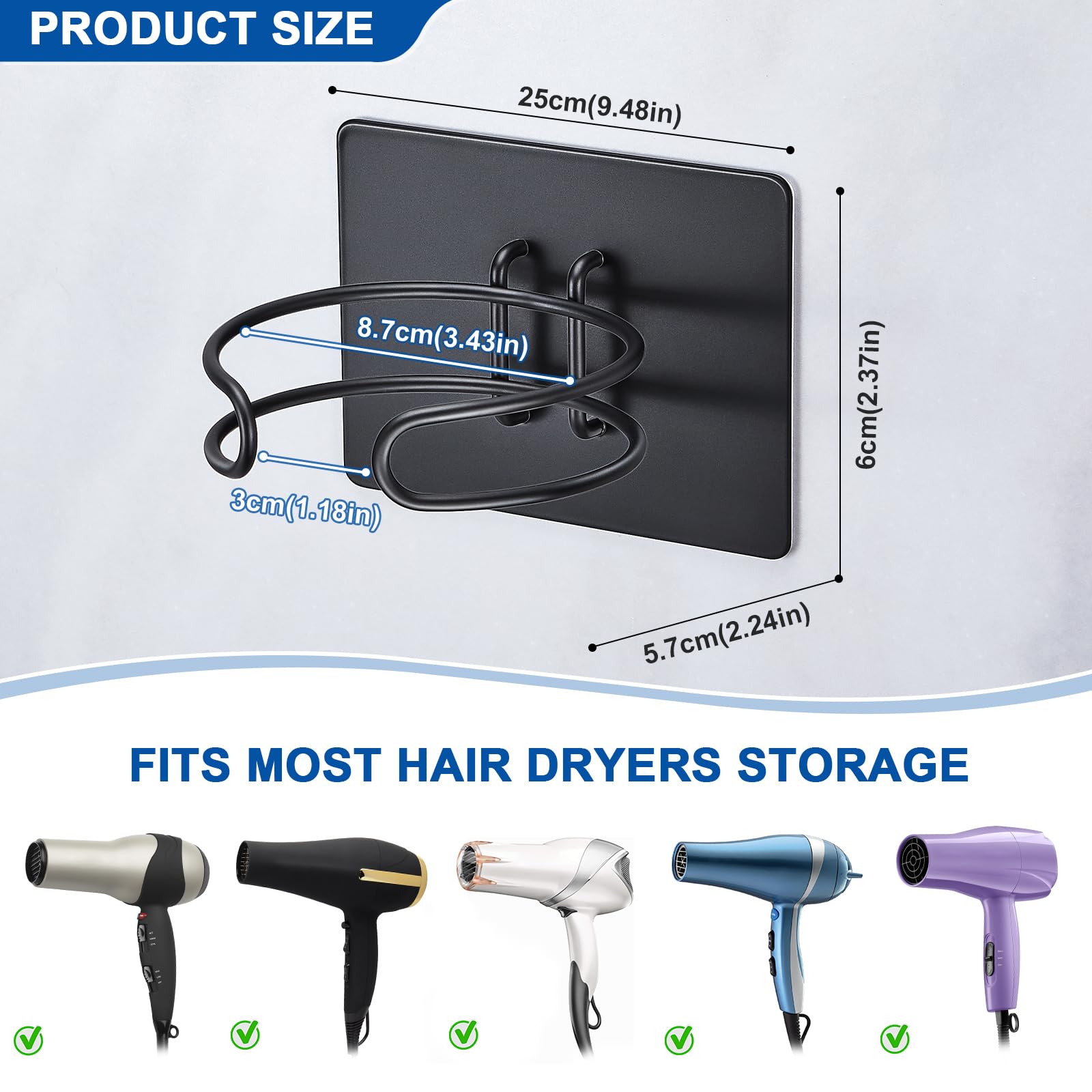 XILIMEN Hair Dryer Holder Wall Mounted, Self Adhesive Blow Dryer Hanger for Most Hair Dryers Storage, Hairdryer Holder Rack for Bathroom Cabinet, Black