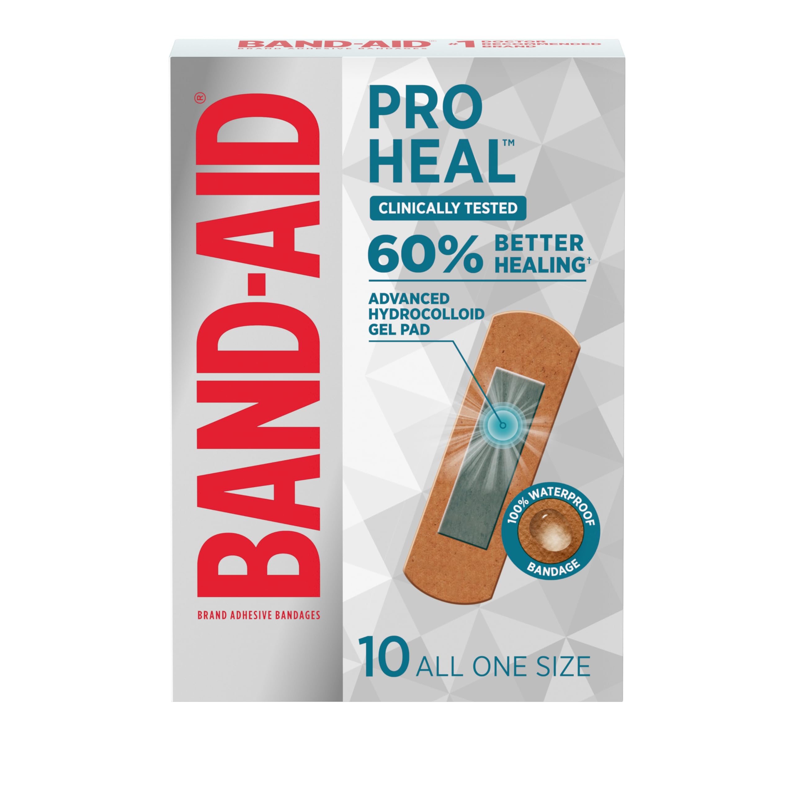 Band-Aid Brand Pro Heal Adhesive Bandages with Hydrocolloid Gel Pad, Clinically Tested Waterproof Bandages, Better Healing of Minor Wounds, Sterile First Aid Bandages, All One Size, 10 ct