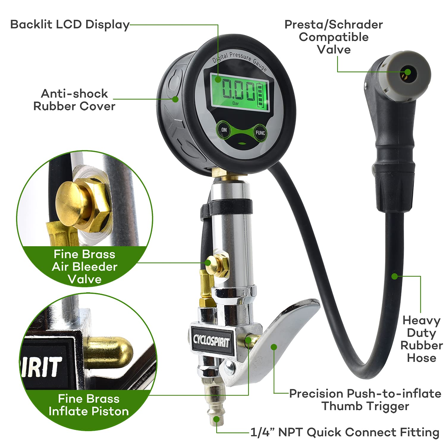 Digital Bicycle Tire Inflator Gauge with Auto-Select Valve Type - Presta and Schrader Air Compressor Tool