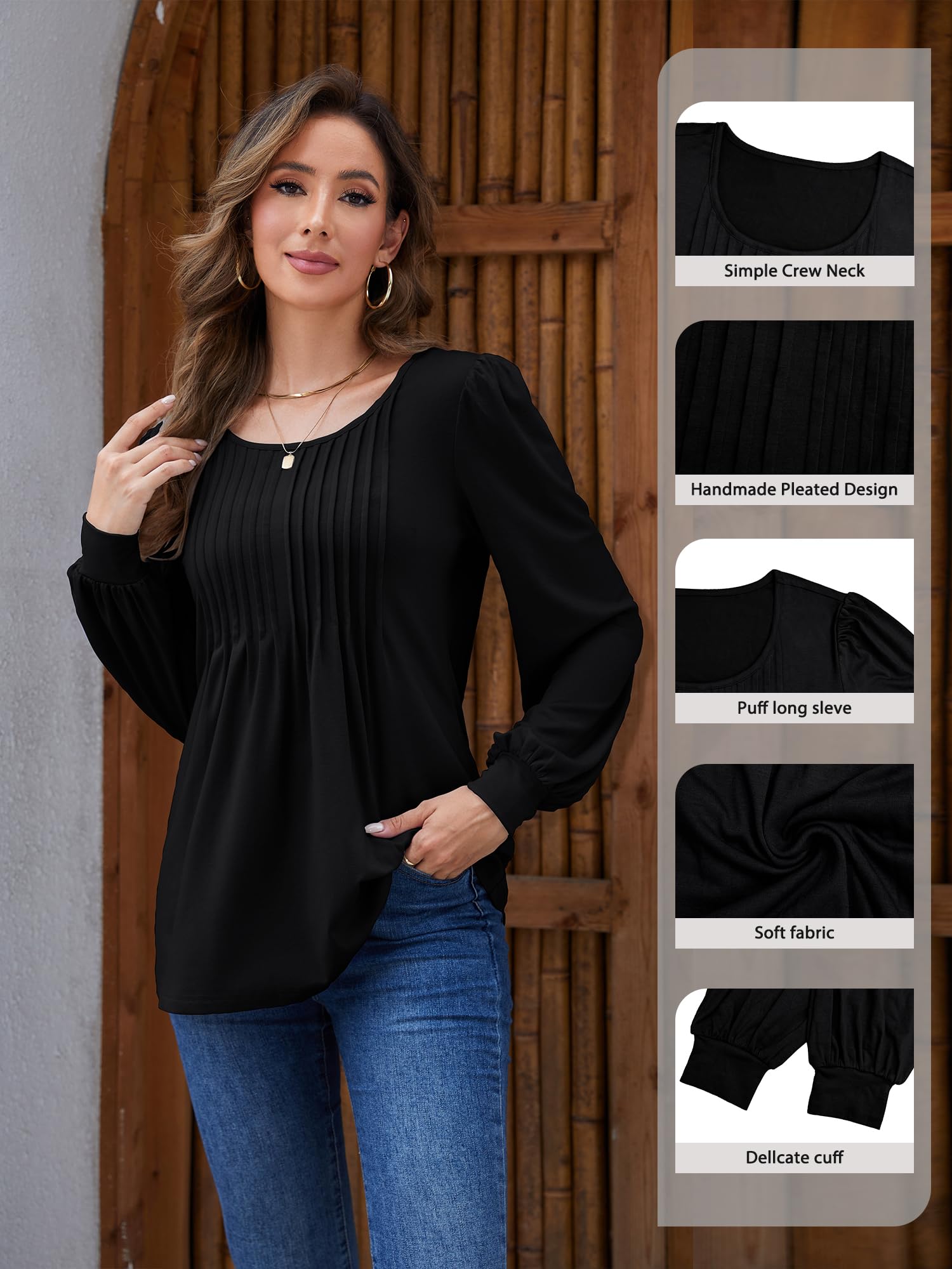 Long Sleeve Shirts for Women Fall Fashion 2025 Womens Tunic Tops Pleated Crew Neck Puff Sleeve Blouses Dressy Casual (Black,L)