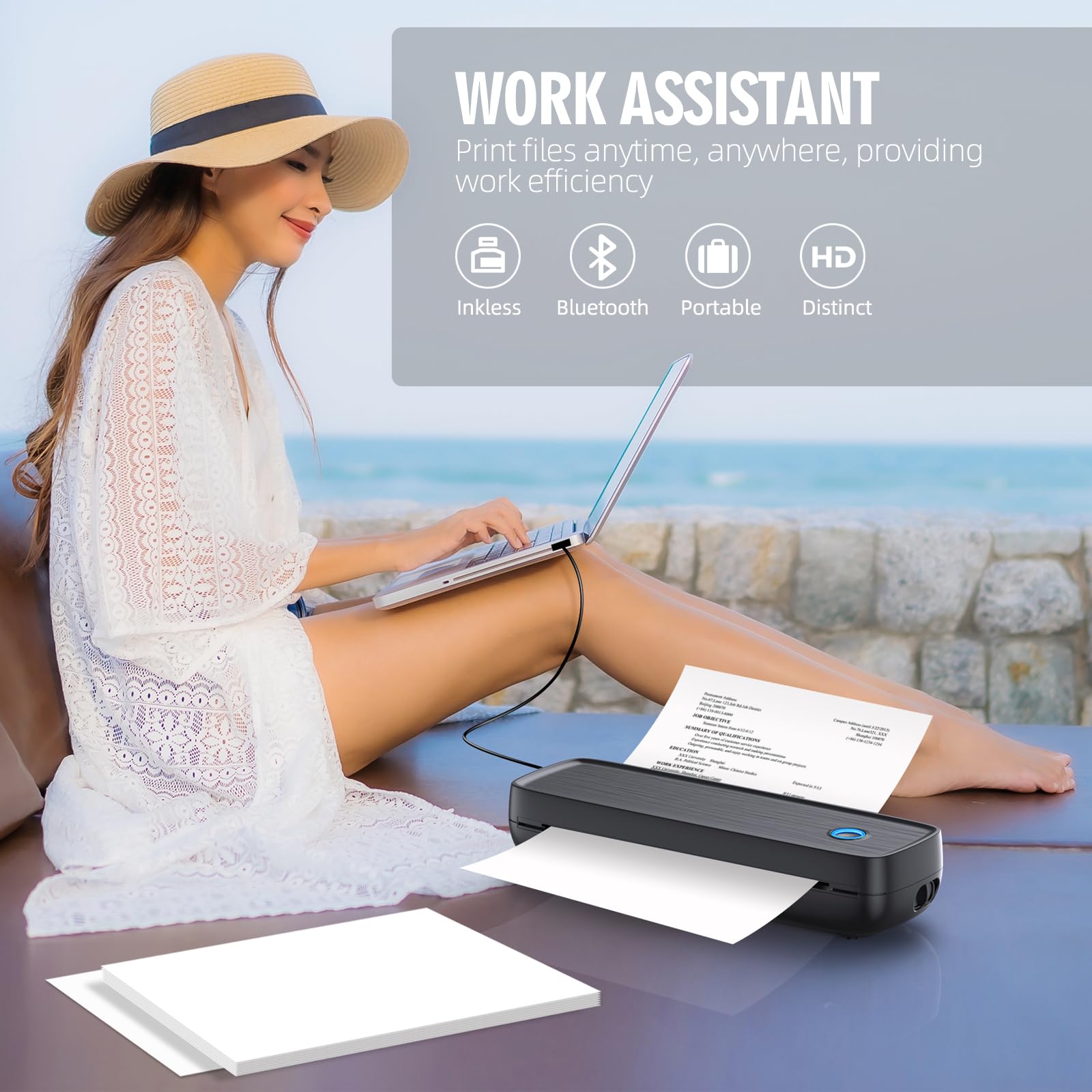 Aixiqee Portable Wireless Mini Thermal Bluetooth Printer for Travel, Supports 8.5" X 11" US Letter & Legal, A4 & A5 Thermal Paper, Compatible with Android & iOS Phone & Laptop