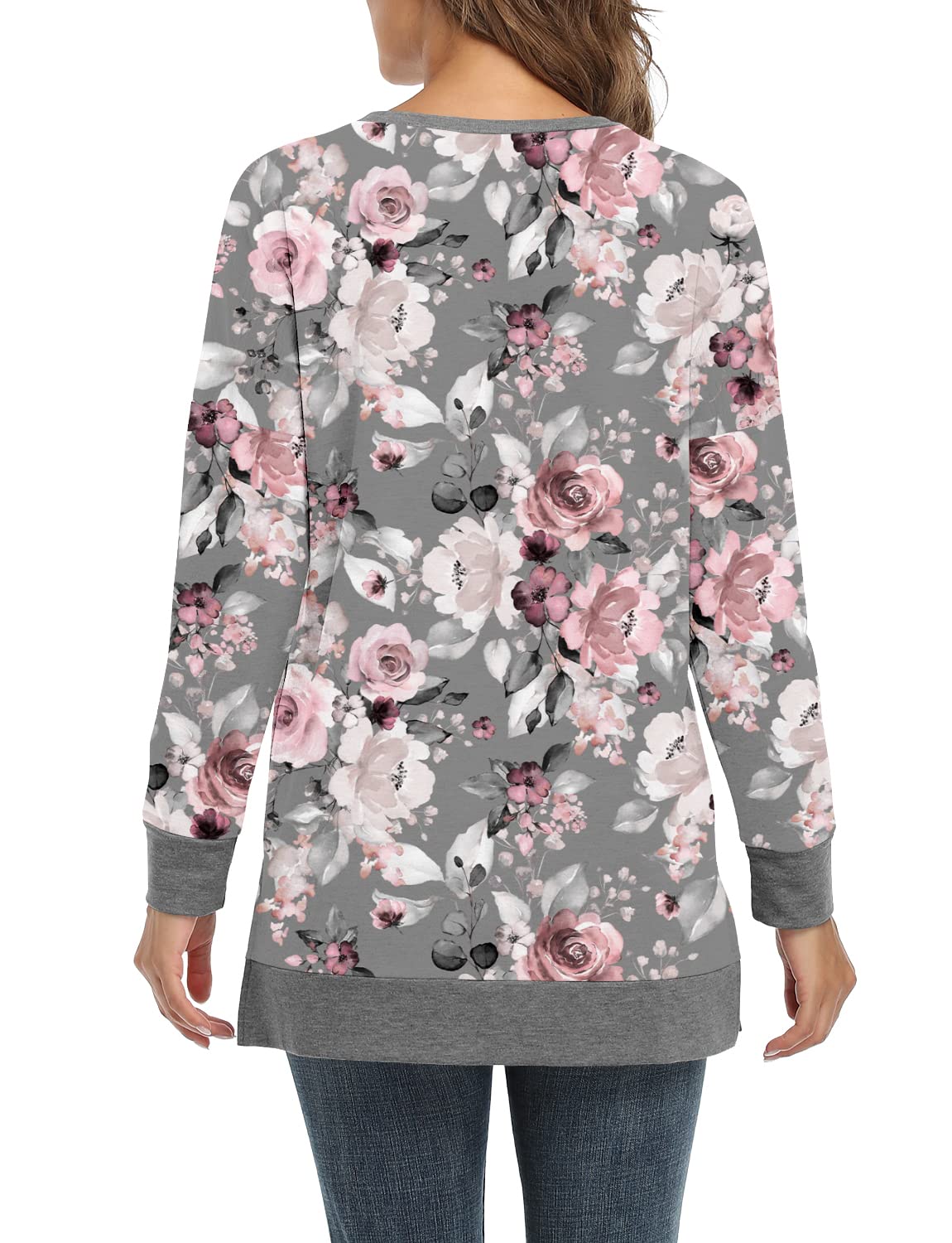 BETTE BOUTIK Floral Grey Crewneck Womens Long Sleeve Top Floral woman Long Sleeve Long shirt With Side Slit Grey Ladies Tunic Sweater Pink Grey Flower Large