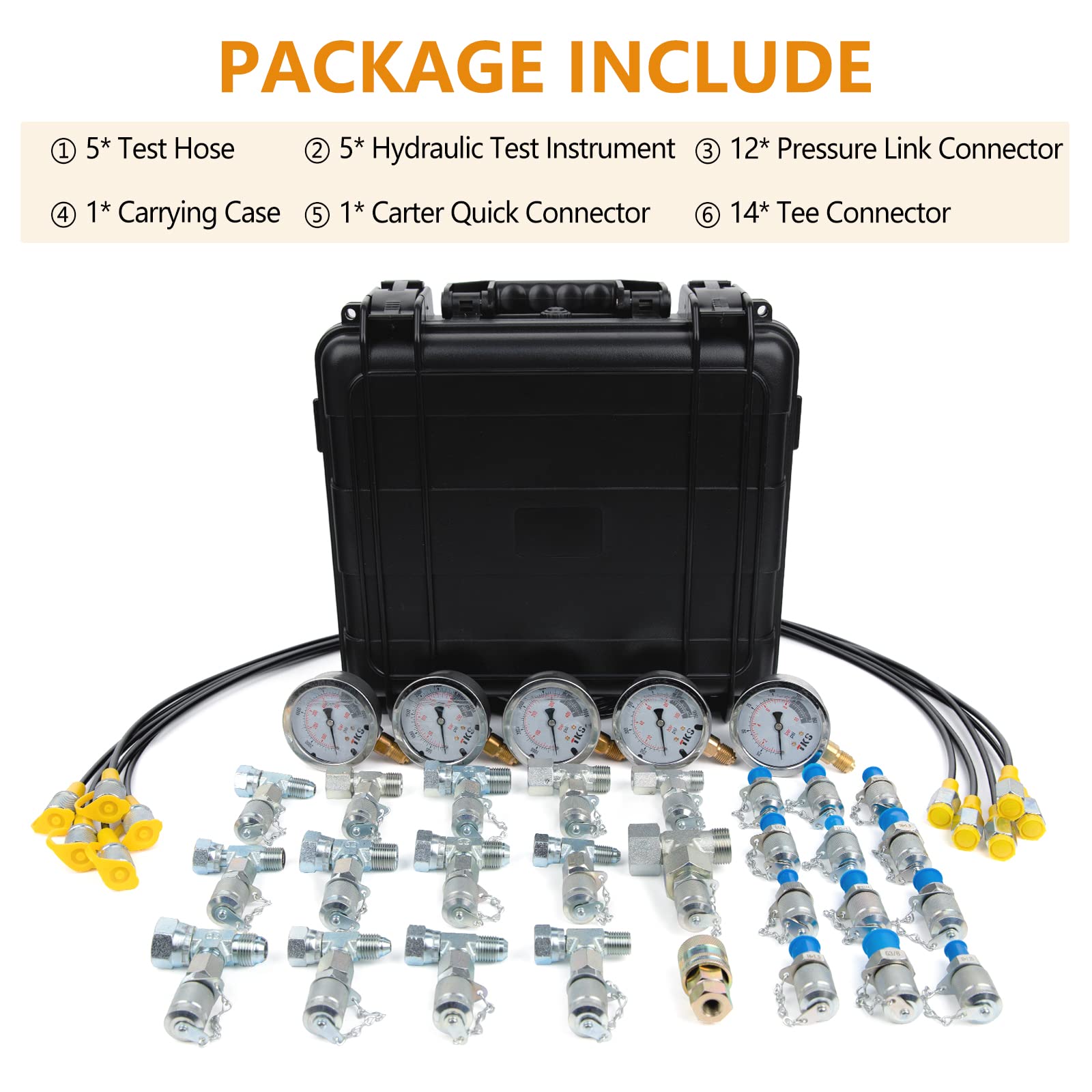 Hydraulic Pressure Test Kit,600bar /8700psi / 60mpa 5 Gauges 13 Test Couplings 14 Tee Connectors 5 Test Hoses, Hydraulic Gauge Kit Sturdy Carrying Case for Excavator Construction Machinery Ships Mine