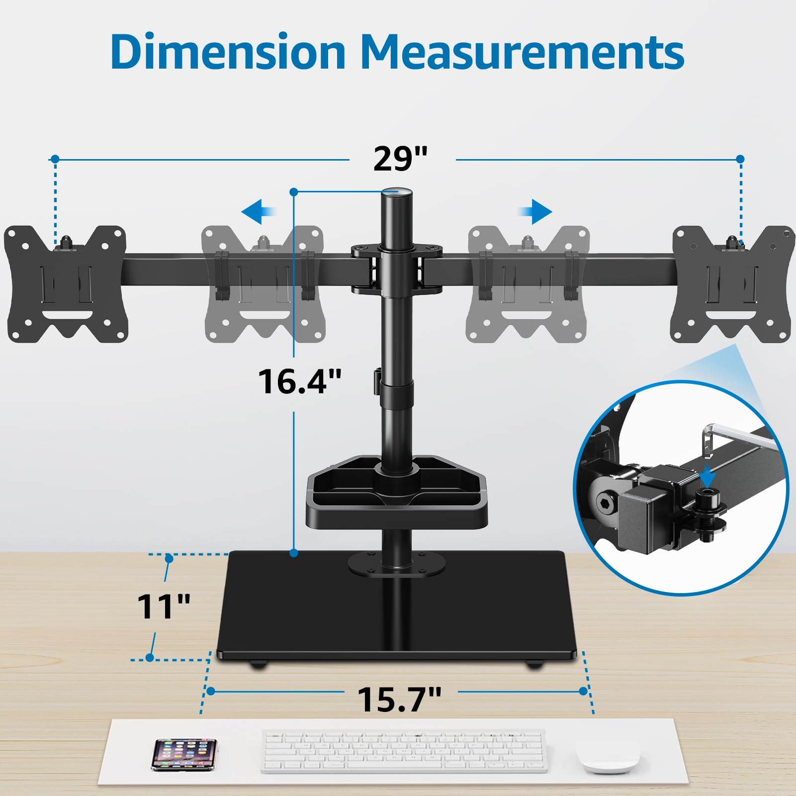 MOUNTUP Dual Monitor Stand, Free Standing Monitor Desk Mount for 2 Screens fits 13-27 inch, Holds Max 17.6 lbs, Computer Monitor Arms with Tempered Glass Base & Storage Tray VESA 75x75 &100x100mm
