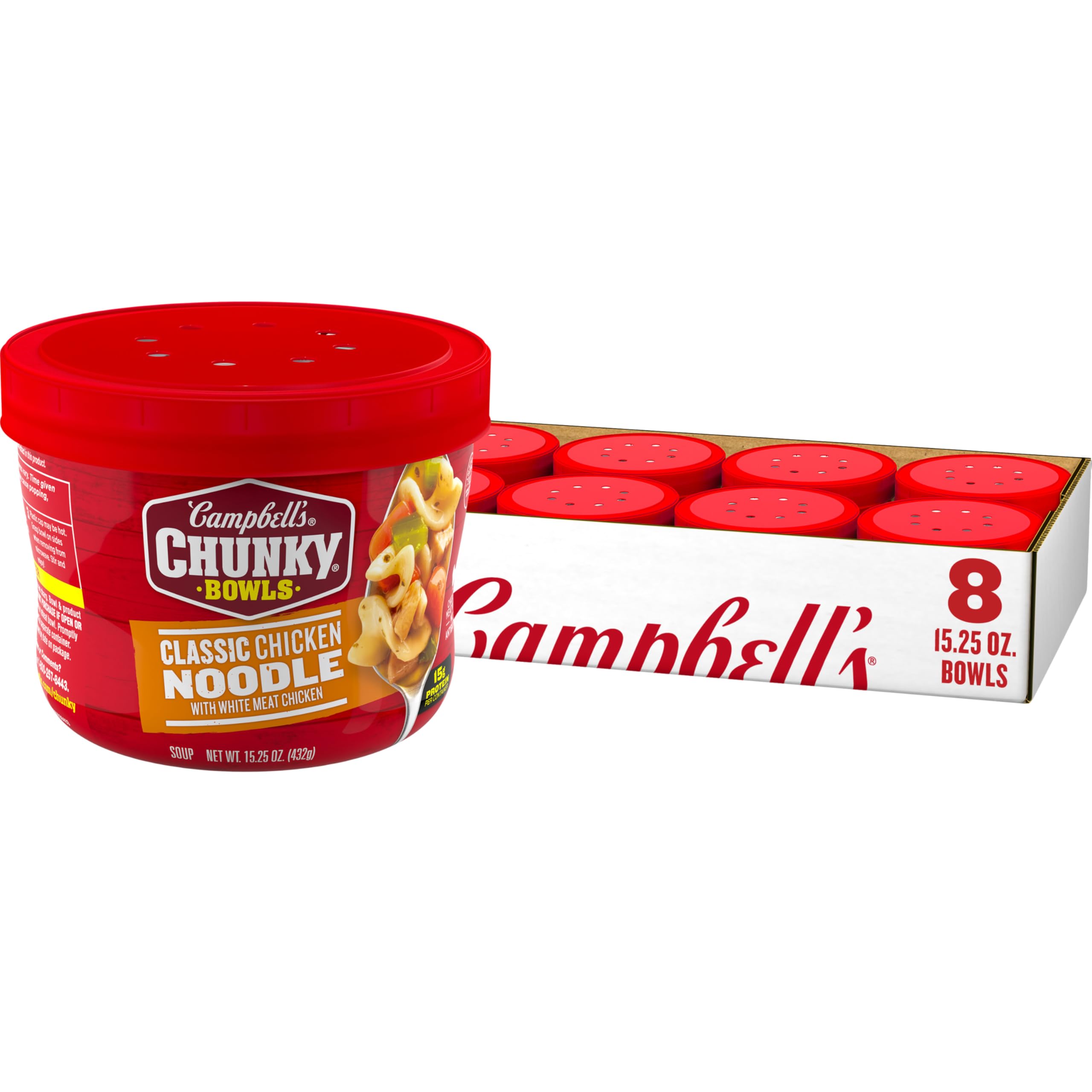 Campbell's Chunky Soup, Classic Chicken Noodle Soup, 15.25 oz Microwavable Bowl (Case of 8)