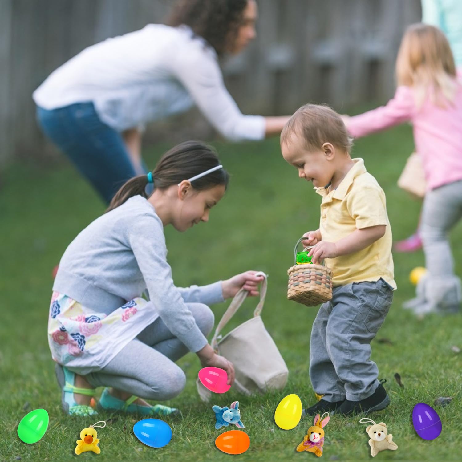 JIALWEN 12 Pack Filled Easter Eggs with Plush Animal, Easter Basket Stuffers Plastic Easter Eggs Prefilled Surprise Plush Toys Easter Gifts Hunt Party Favors for Toddler Boys Girls