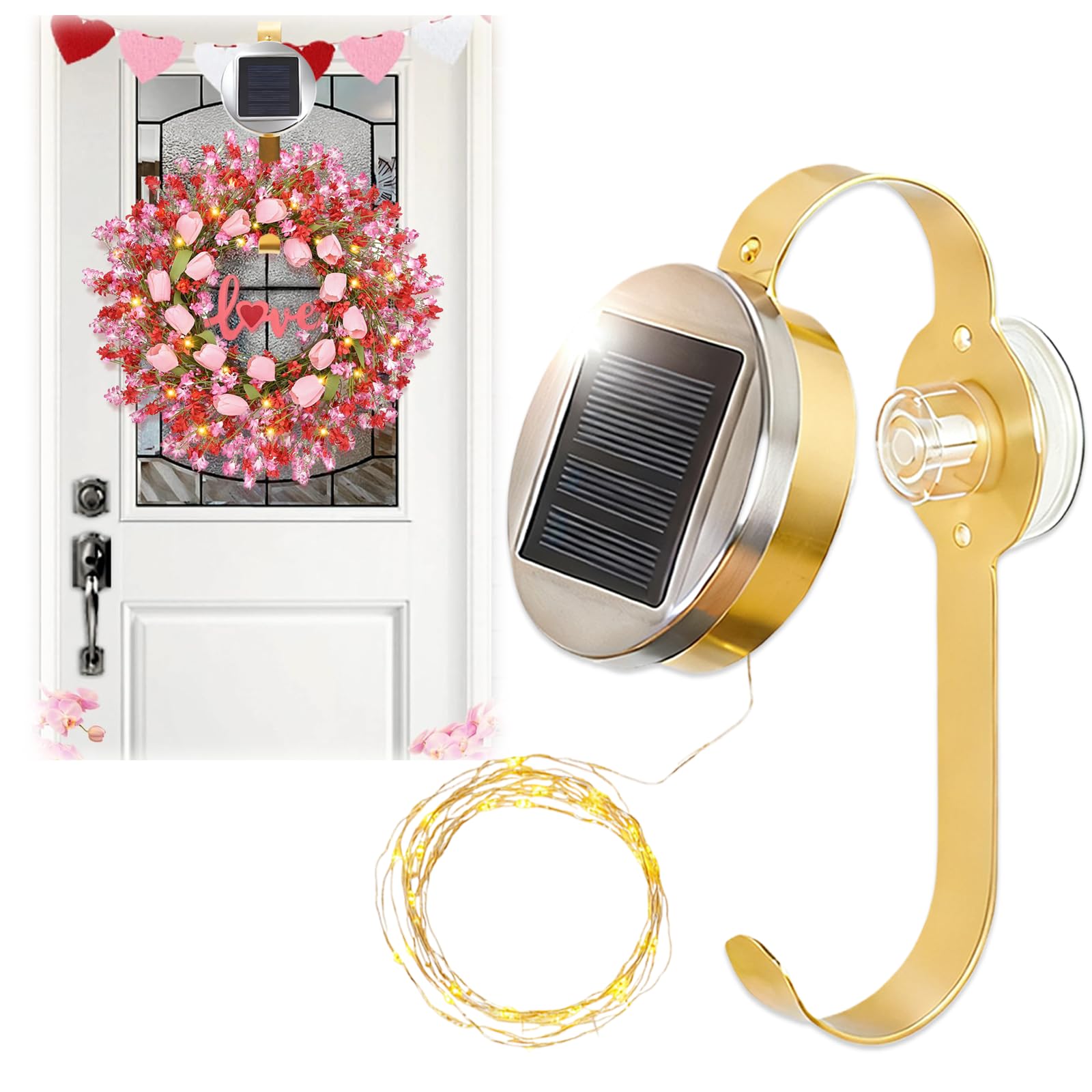 AMOEJOV Solar Valentine Wreath Hangers for Front Door with LED Lights, Compatible with Lighted Wreaths,Valentines Day Decorations. Large Suction Cup Metal Hook for Glass Window Outdoor Porch