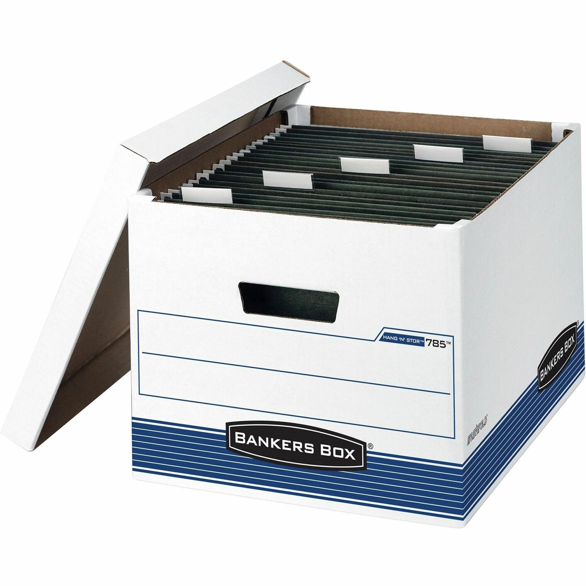 Bankers Box 4 Pack HANG'N'STOR Medium-Duty File Storage Boxes, FastFold, Lift-Off Lid, Letter/Legal, White/Blue
