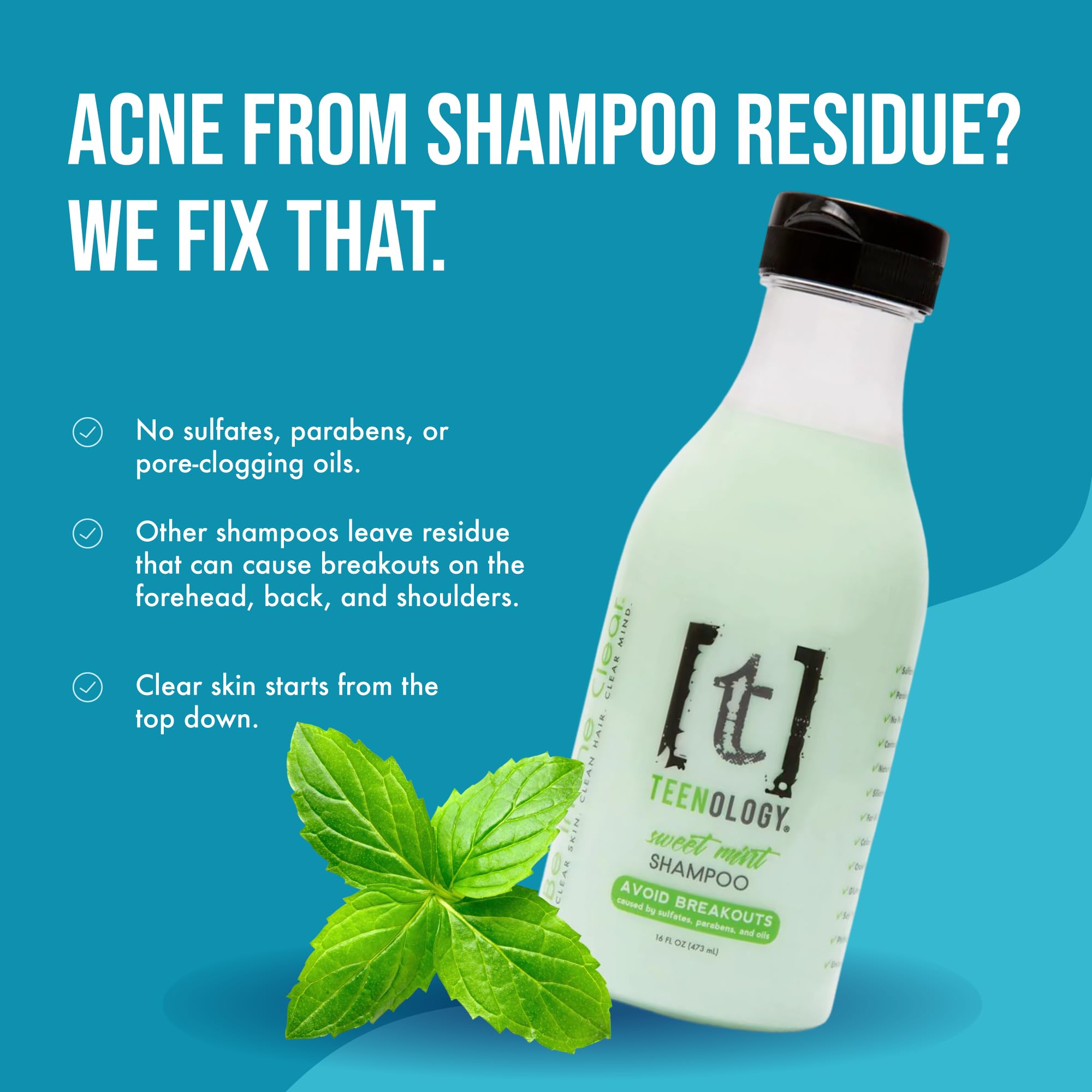 Teenology Shampoo for Teens - Avoid Forehead and Body Acne - No Sulfates or Parabens, Noncomedogenic, Natural Botanical Extracts, 16 oz. (Sweet Mint)