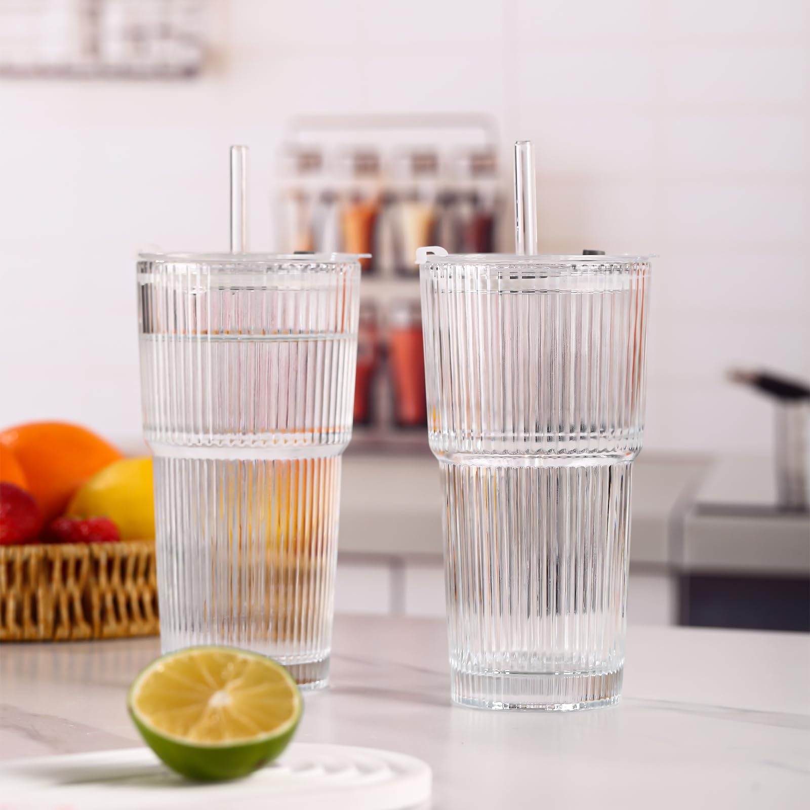 SIPBYSOP 4PCS Ribbed Glass Cups with Lids and Straws, 20oz Vintage Drinking Glasses, Aesthetic Iced Coffee Cups, Glass Tumbler for Boba, Beer, Tea, Cocktails, Ribbed Glassware Set,Clear