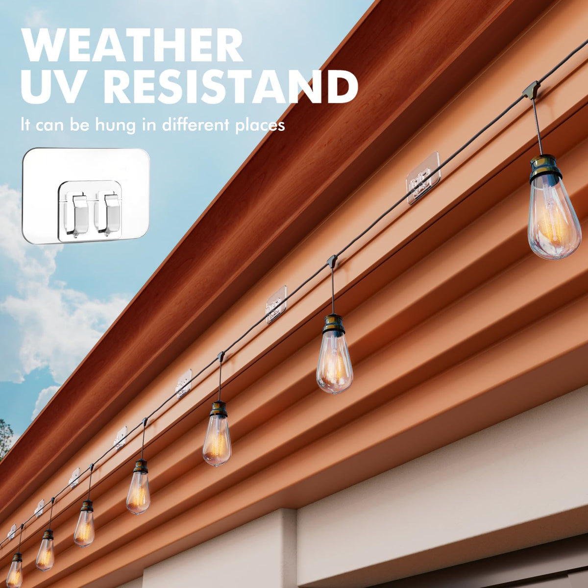 Galetcy Hooks for Outdoor String Lights - 100 Pack with Adhesive Strips - No Damage, No Tools, No Holes, Waterproof and UV-Resistant, Perfect for Christmas and Patio Decor