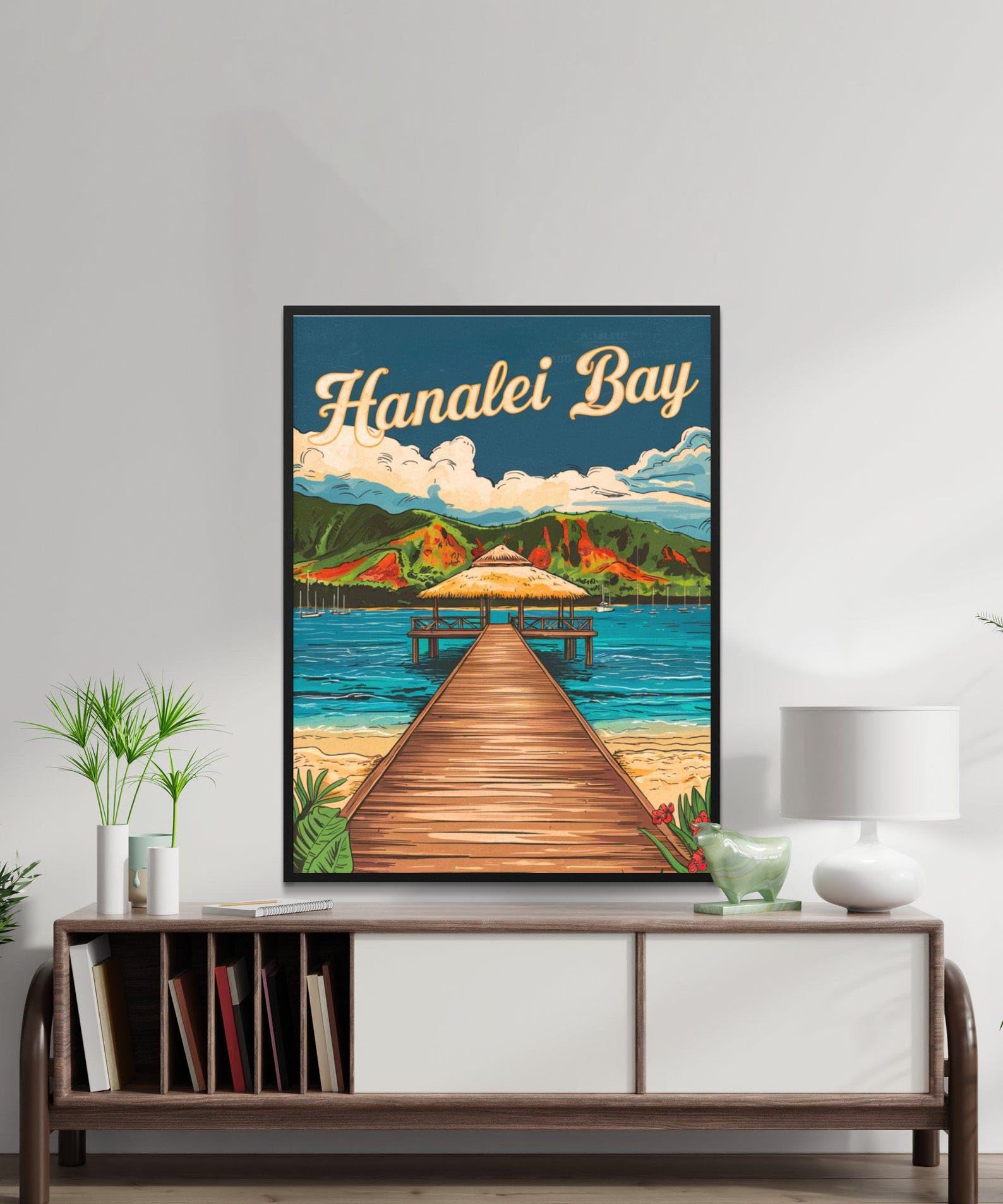 Hanalei Bay Vintage Travel Poster Hanalei Bay Print Hawaii Wall Art Framed Gift United States Present
